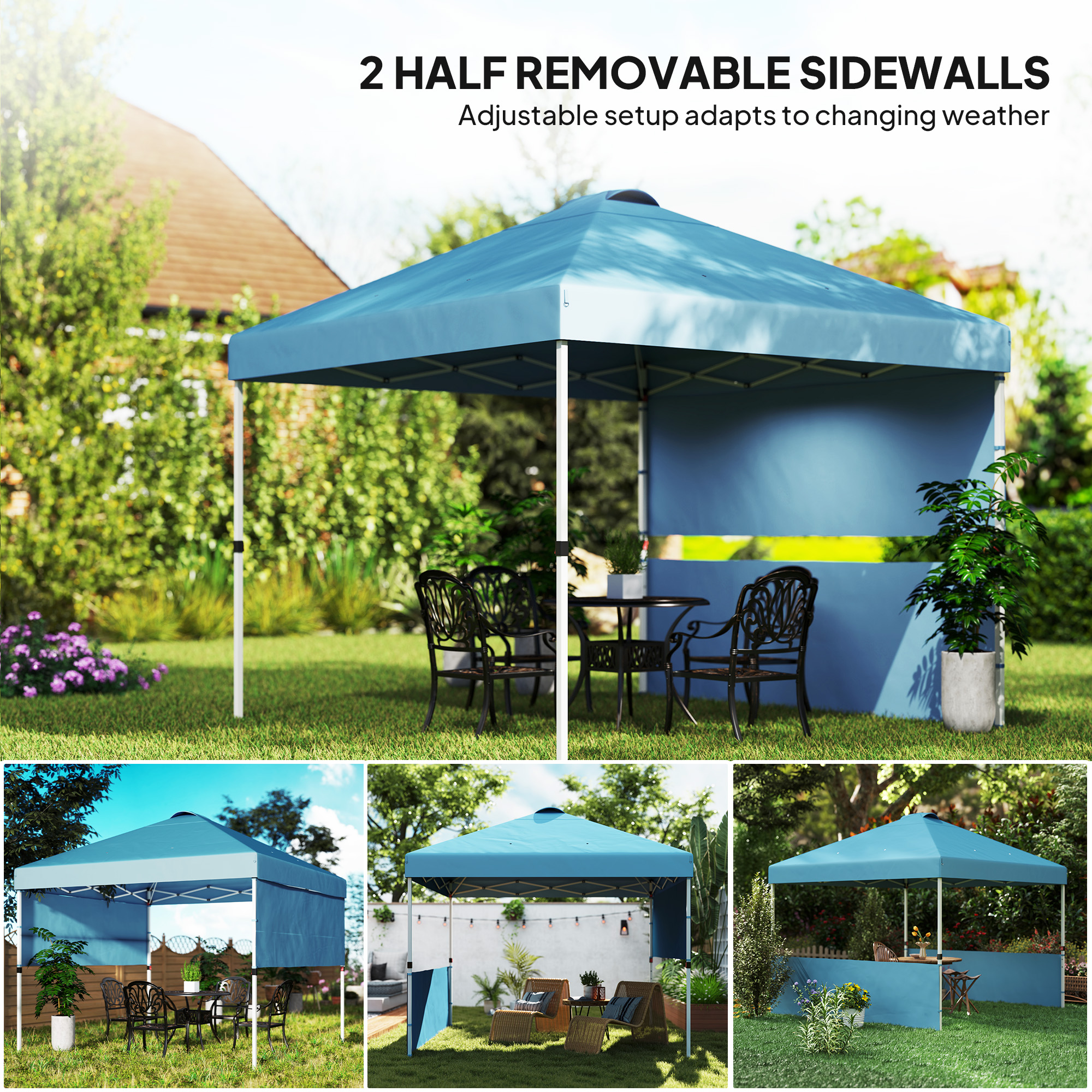 10′ x 10′ Pop Up Canopy Tent with 2 Half Sidewalls, UV50+ Instant Sun Shelter with Wheeled Carry Bag, Sea Blue