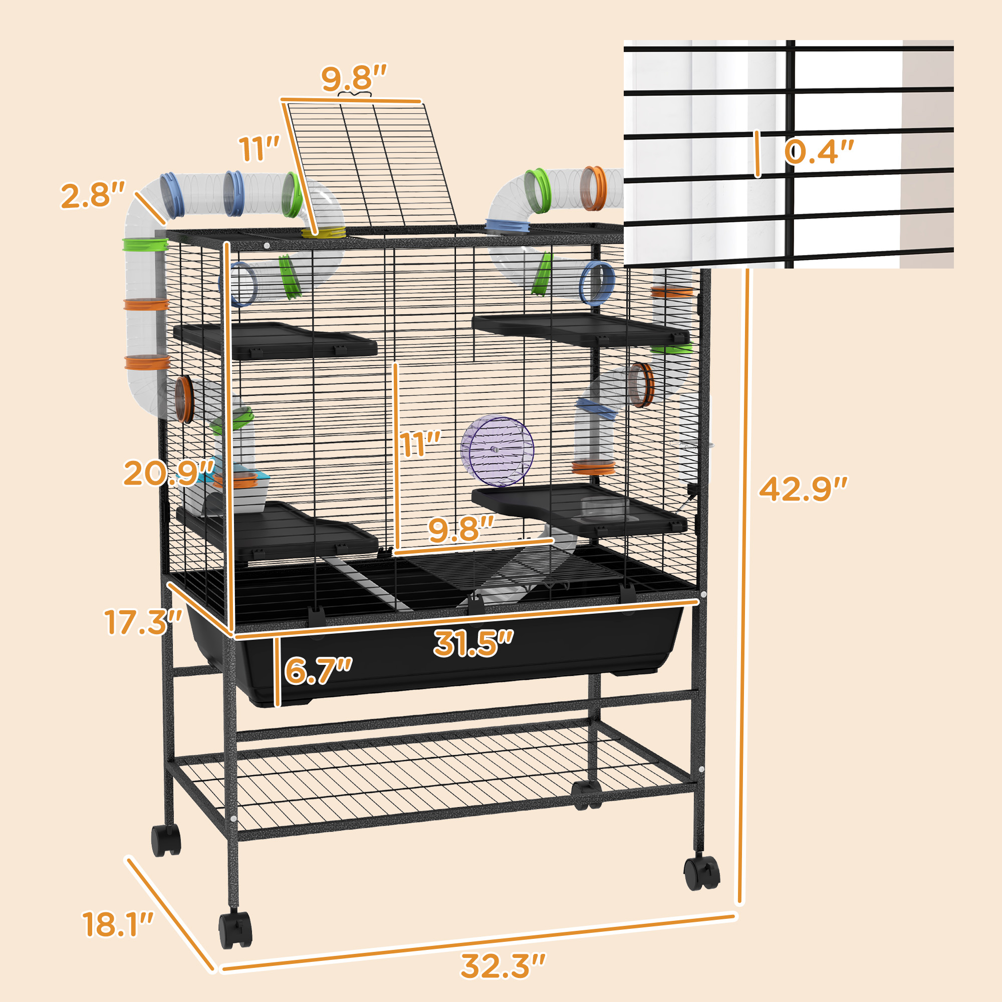  Small Animal Cage for Syrian Hamster, Gerbil Cage with Tubing System, Running Wheel, Ramps, Platforms