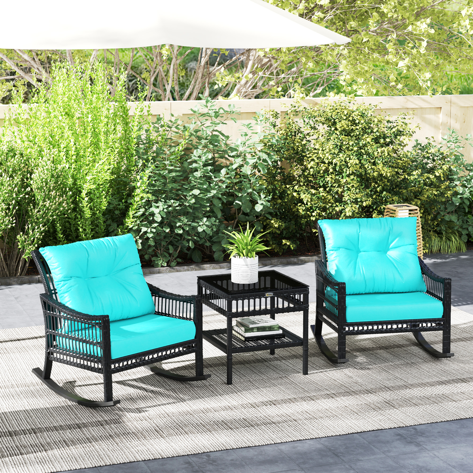 3 Piece Outdoor PE Rattan Rocker Chair Set, Rocking Chair with Tempered Glass Table Top, Turquoise Green