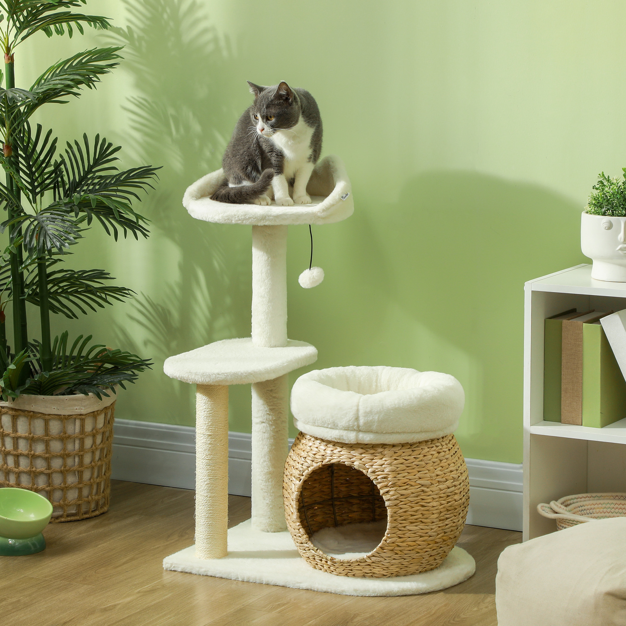  31" Cat Tree Tower with Scratching Posts, Cat Condo, Beds, Platform and Toy Ball for Indoor Cats, Cream White