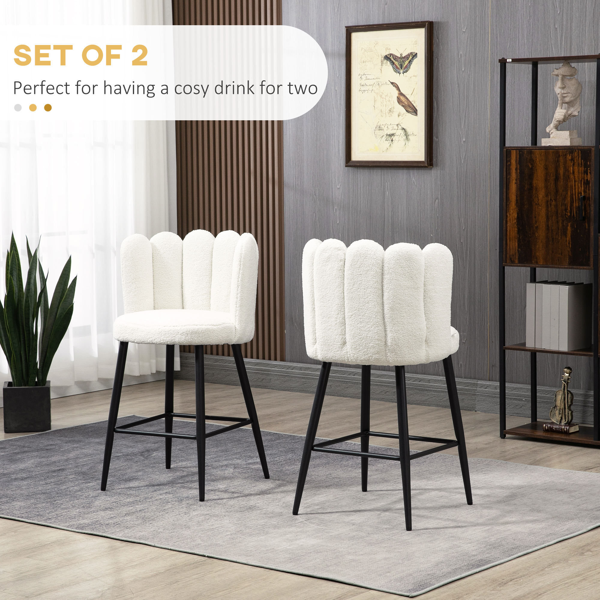 Bar Stools Set Of 2, Modern Boucle Upholstered Shell Barstools, Breakfast — image 5