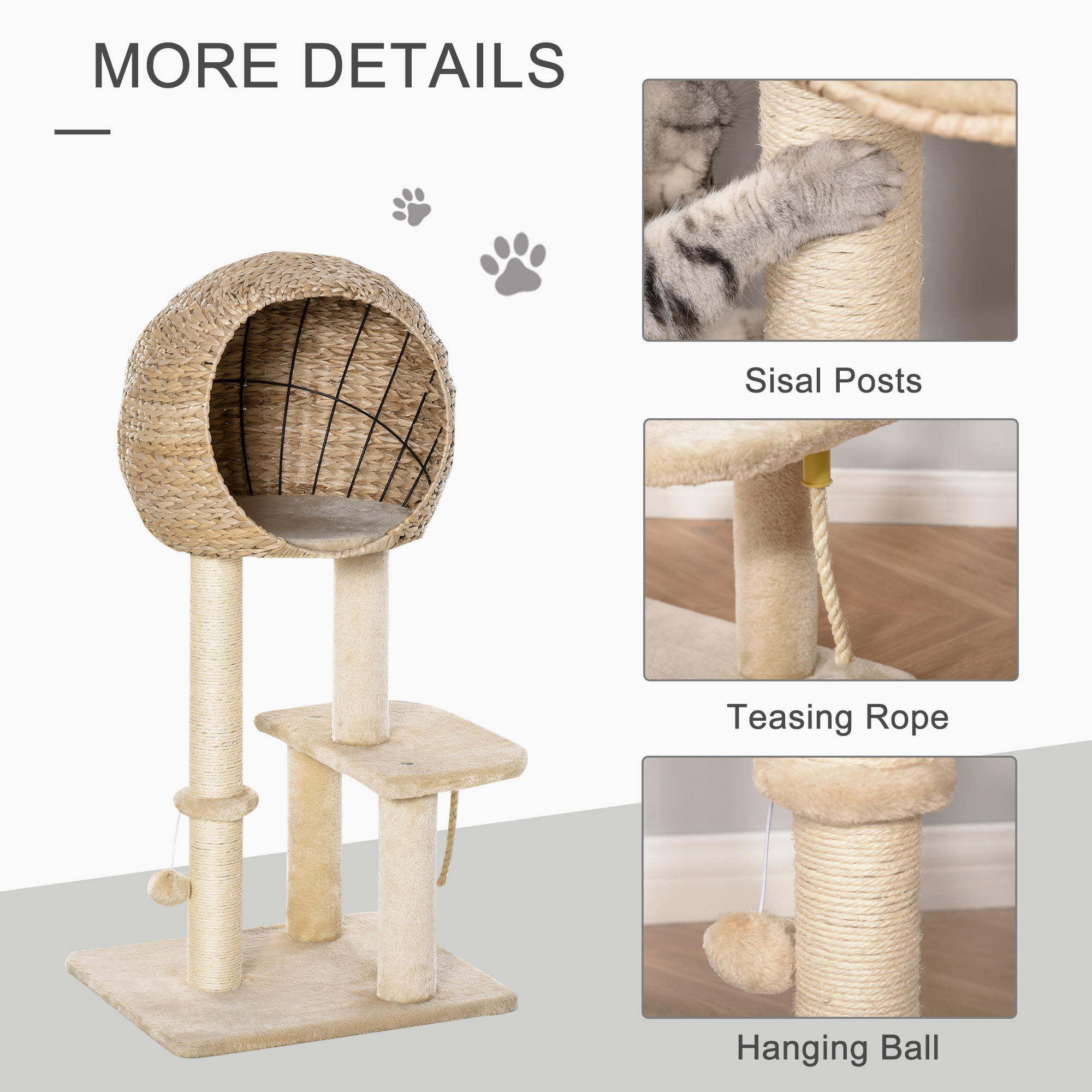  Cat Tree with Sisal Scratching Post Condo and Hanging Rope 39" H, Beige