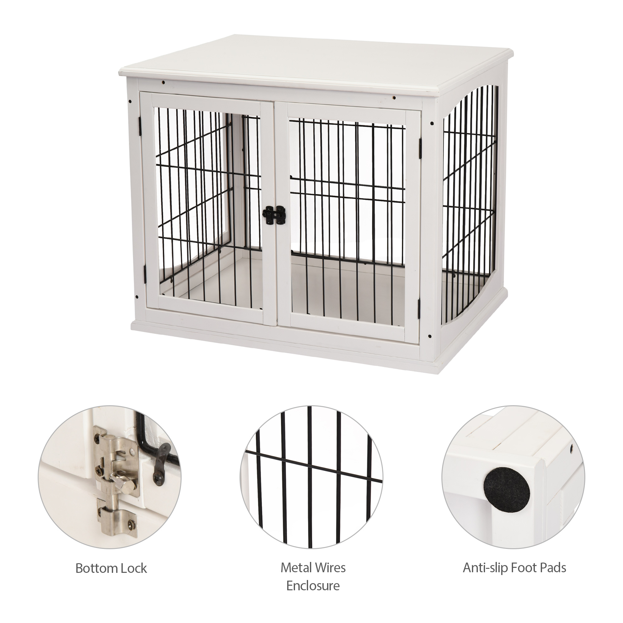  Dog Crate Furniture, 32" Small Dog Cage End Table with 2 Doors, Lockable Door, Puppy Kennel Indoor, White