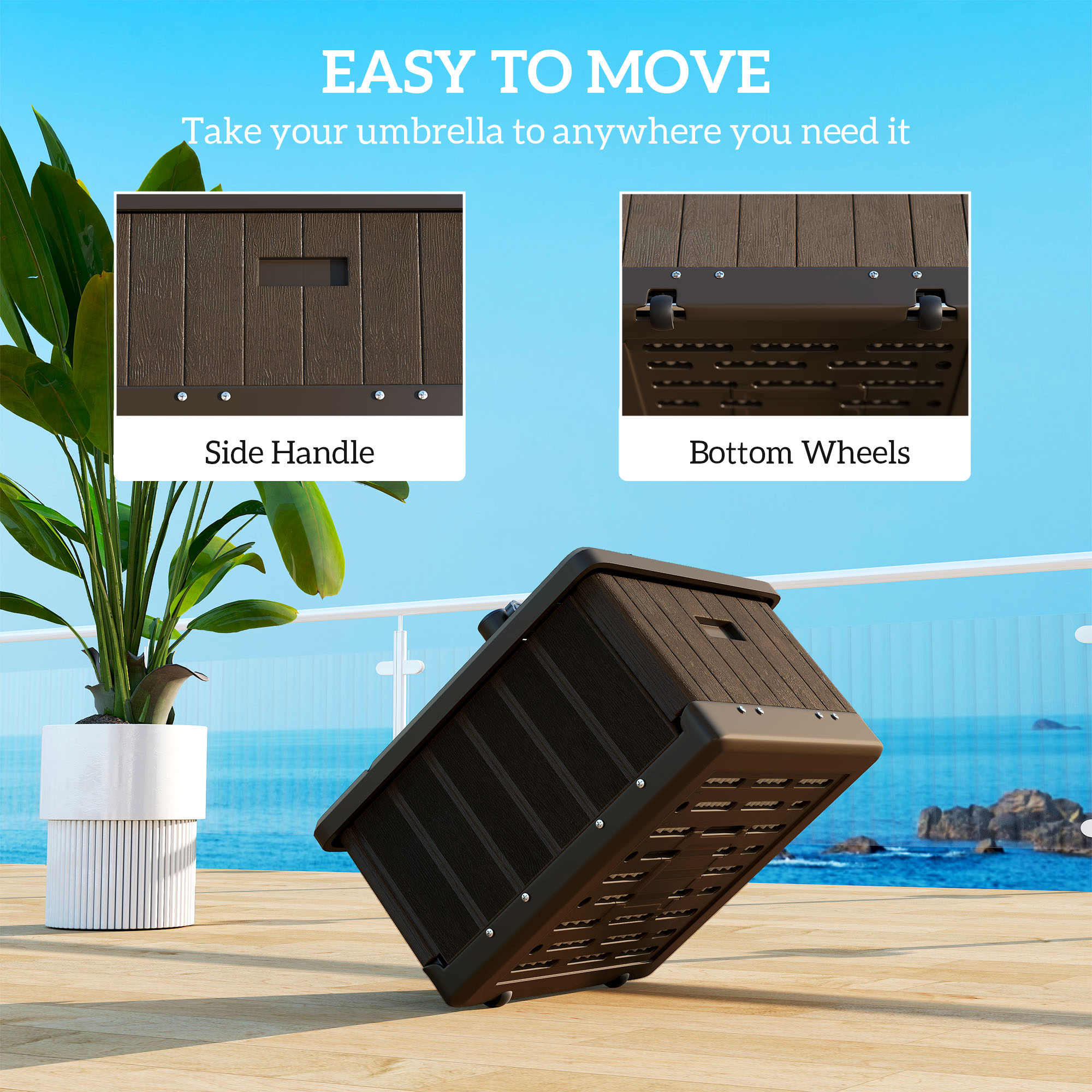 3-in-1 Outdoor Umbrella Base with Wheels and Handles, End Table, Flower Box Planter with Hole, 175 lbs. Capacity, Brown - Image 4
