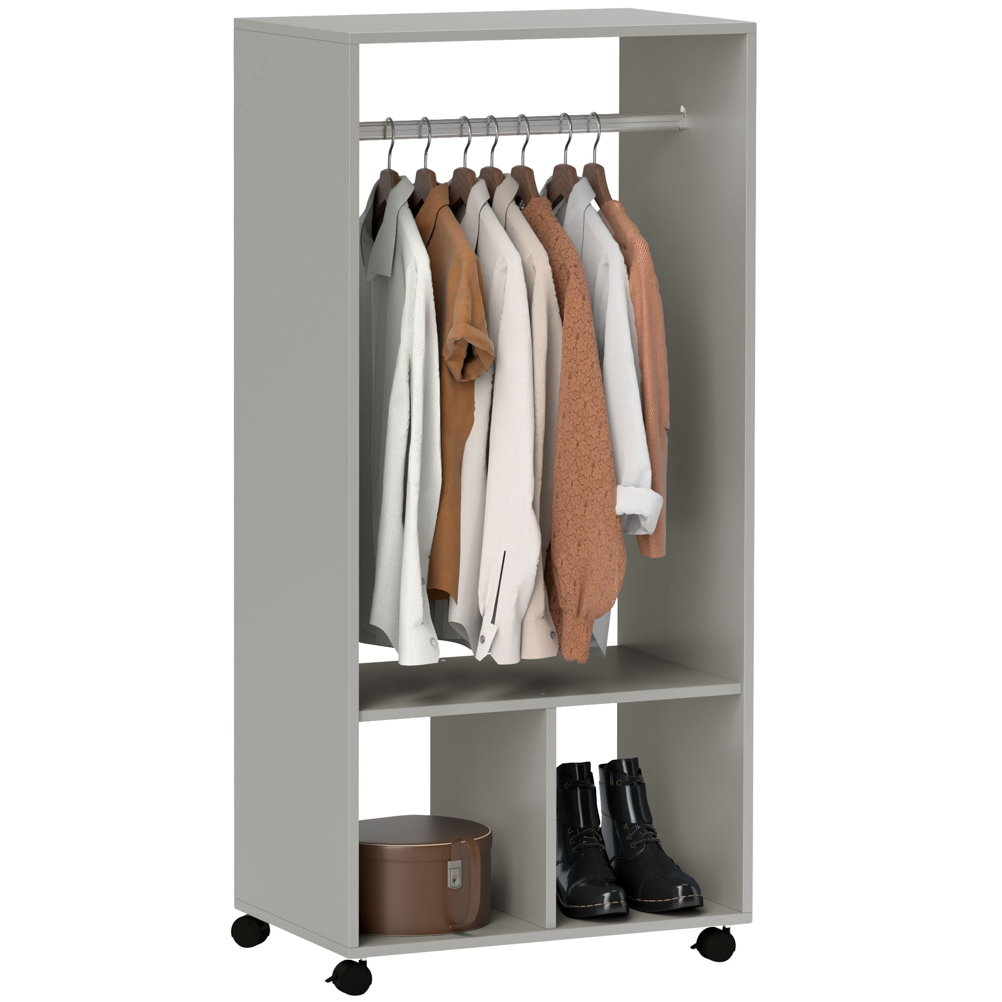 Grey wood-effect open wardrobe on four castor wheels with a single aluminium clothes rail at the top and two open shelves below