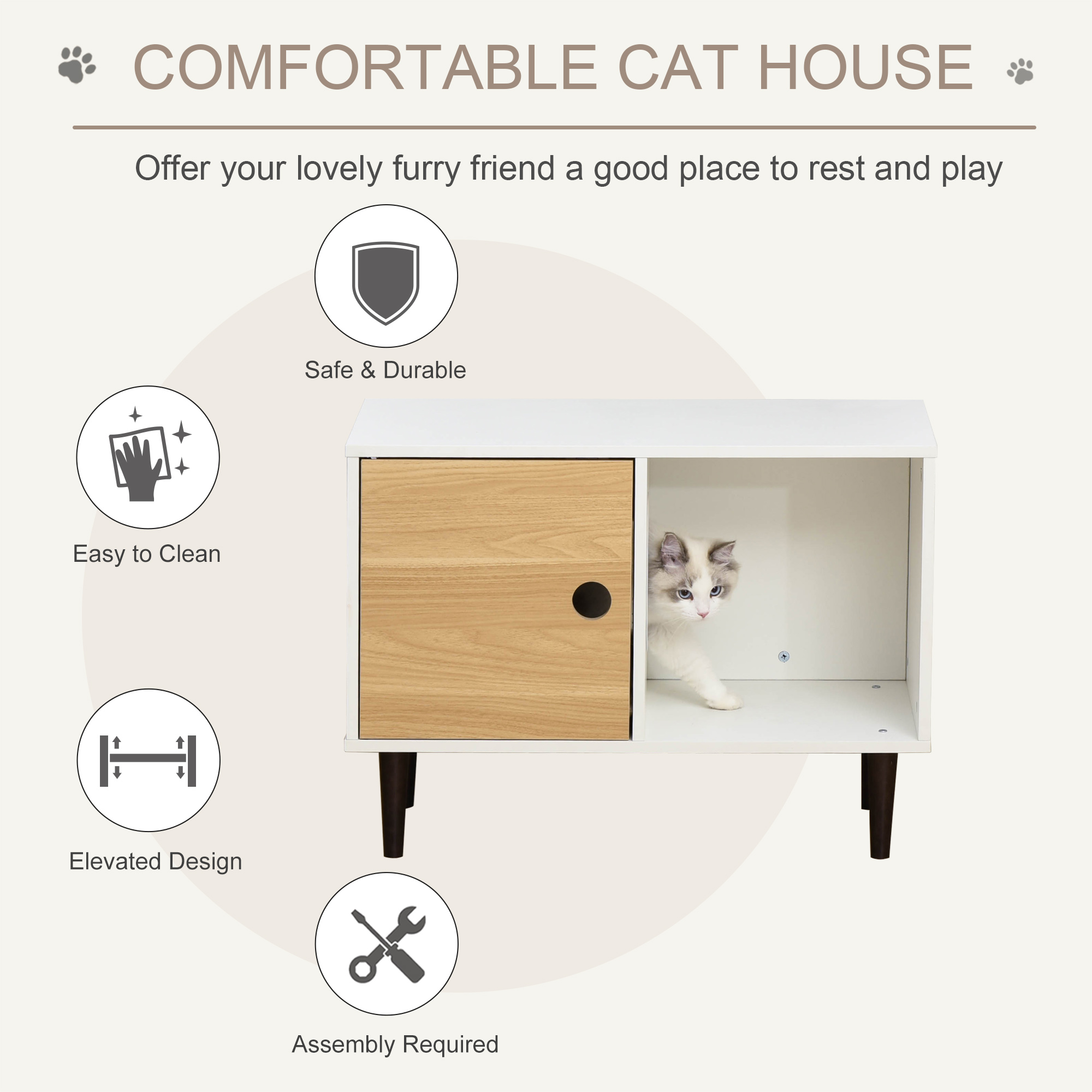  Wooden Cat House with Soft Cushion, Decorative Kitten Condo Side Table, Elevated Pet House with Storage Space