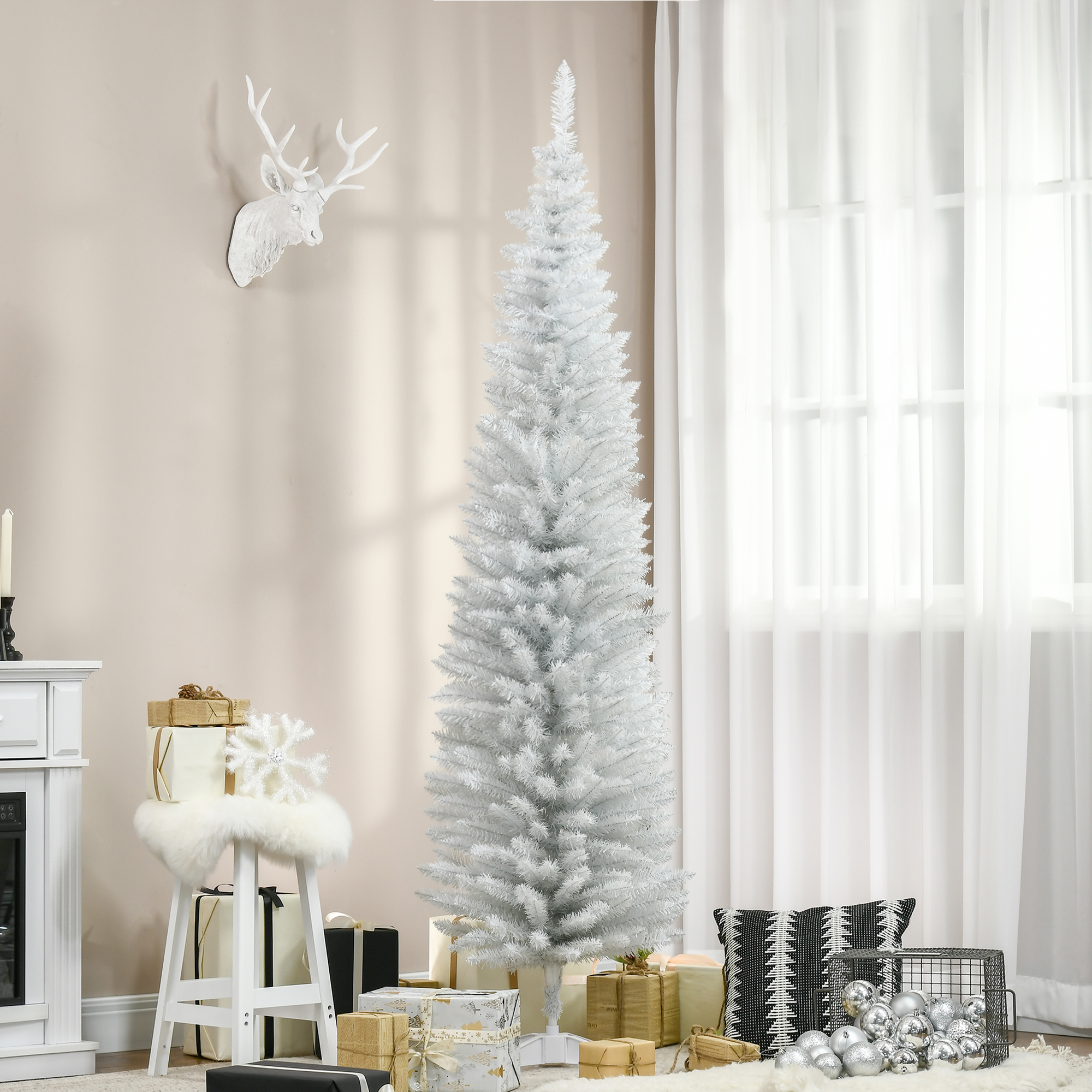  7' Artificial Pencil Christmas Tree, Slim Xmas Tree with 499 Realistic Branch Tips and Plastic Stand, White