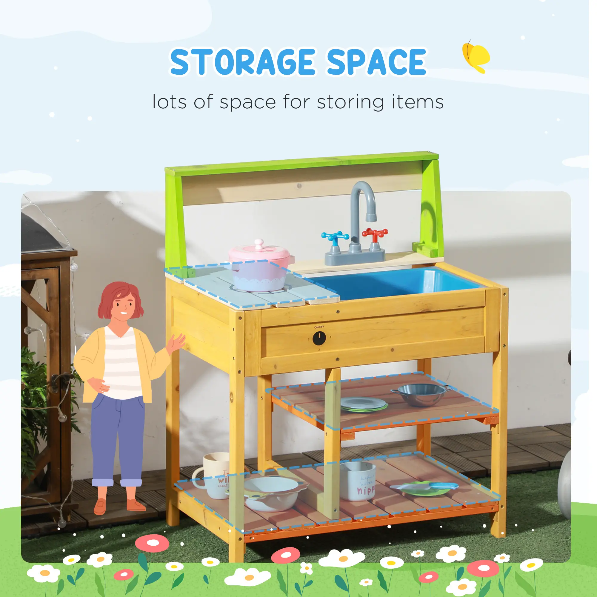 Mud Kitchen for Kids Outdoor Kitchen Playset w/ Realistic Kitchen Toys, Faucet Sink Storage Shelves for Ages 3-8 Years