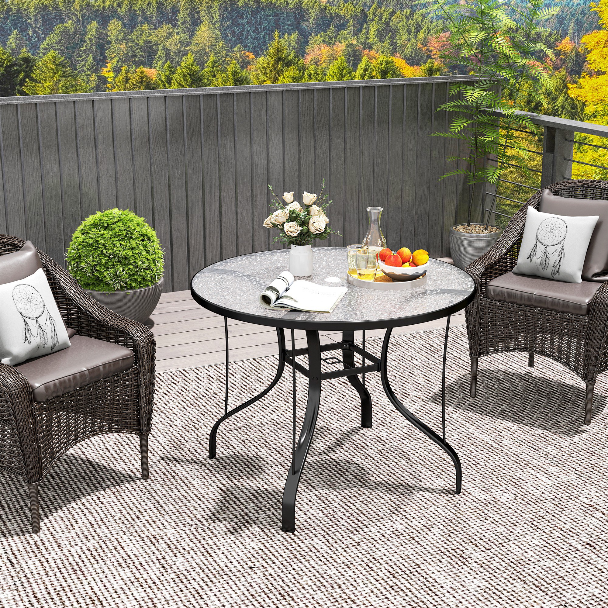38″ Round Patio Table with Umbrella Hole, Tempered Glass Outdoor Dining Table, Black
