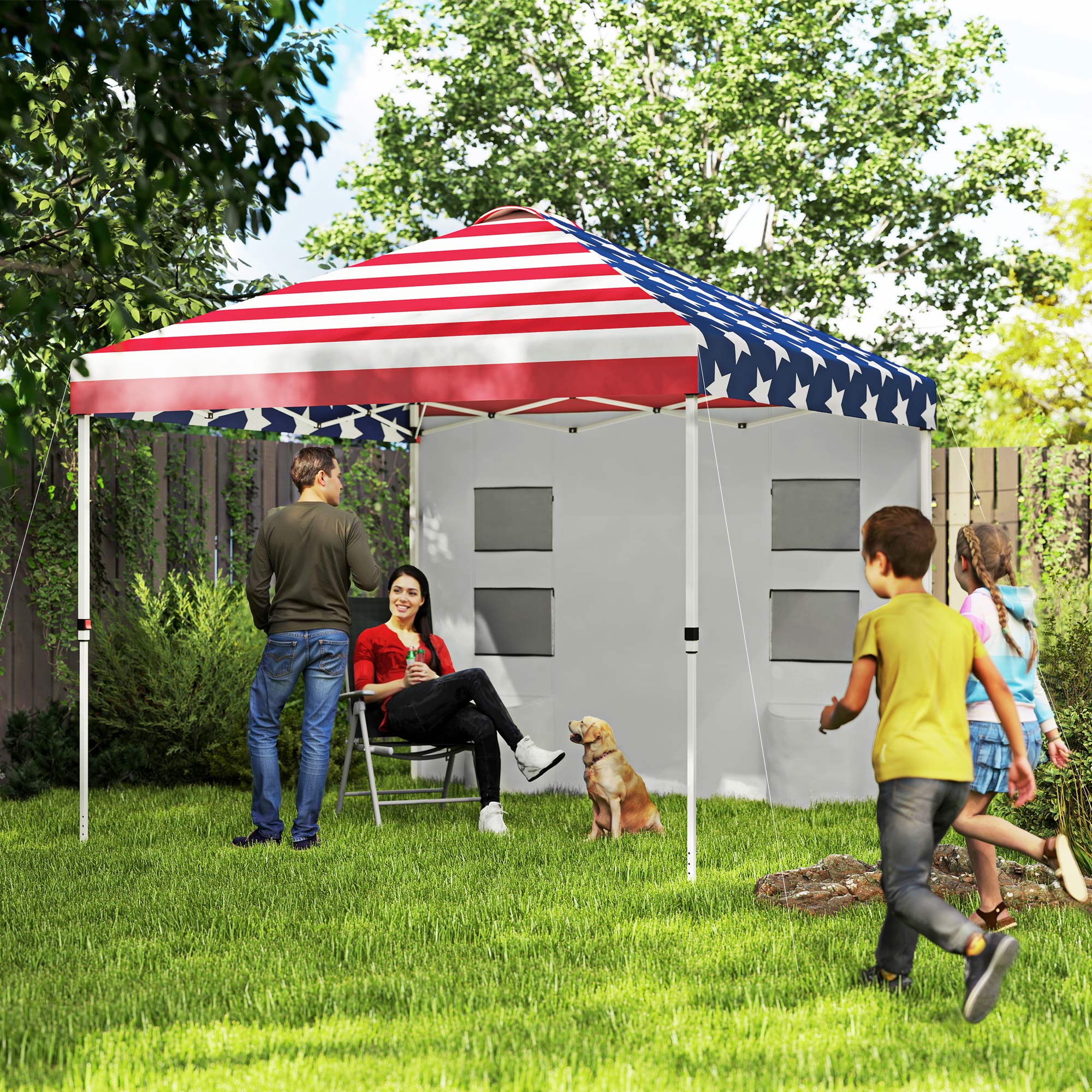 10' x 10' Pop Up Canopy Tent w/ Sidewall, Height Adjustable Instant Sun Shelter w/ Storage Pockets, American Flag Print - Image 4