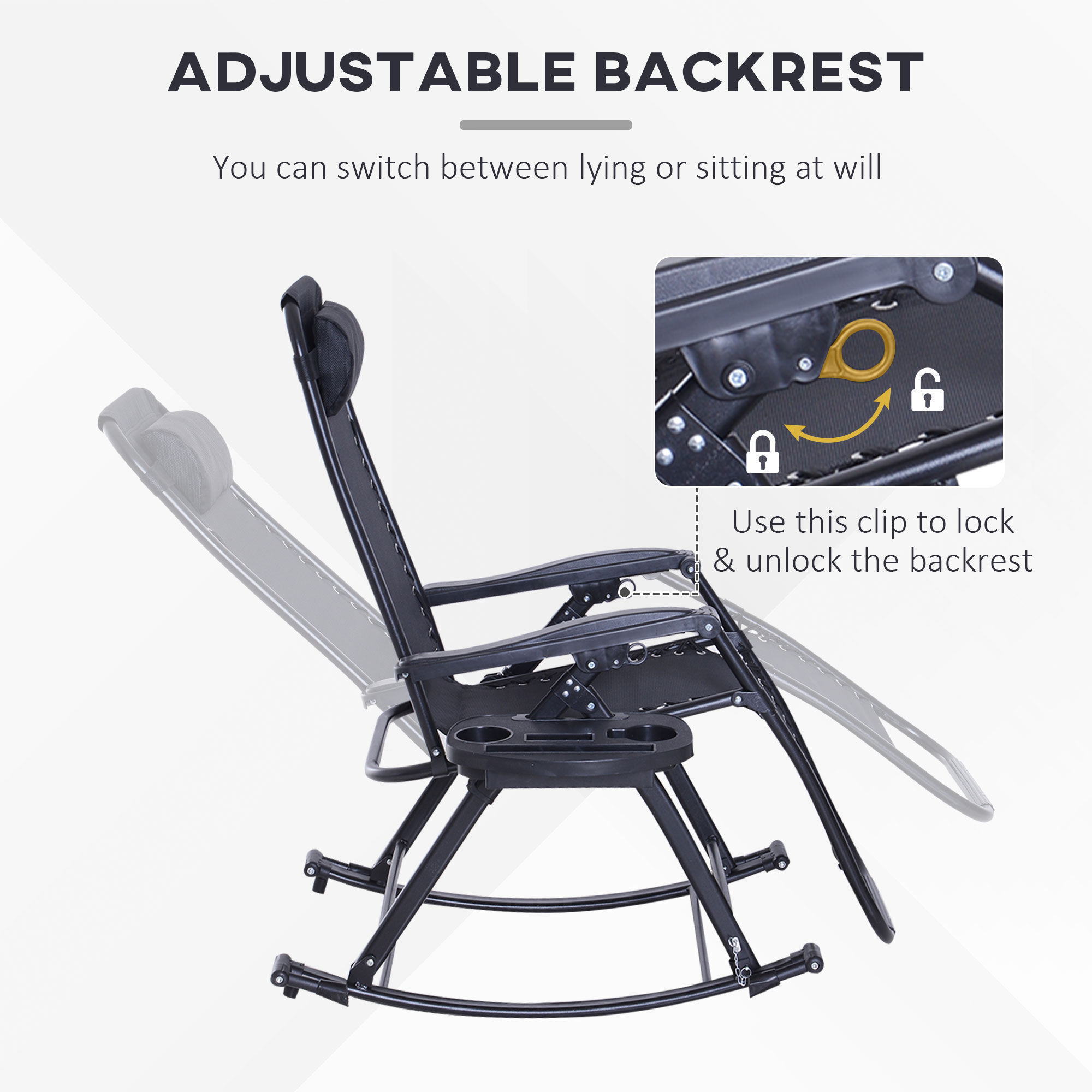  Outdoor Rocking Chairs, Foldable Reclining Zero Gravity Lounge Rocker with Pillow, Cup & Phone Holder, Combo Design with Folding Legs, Black