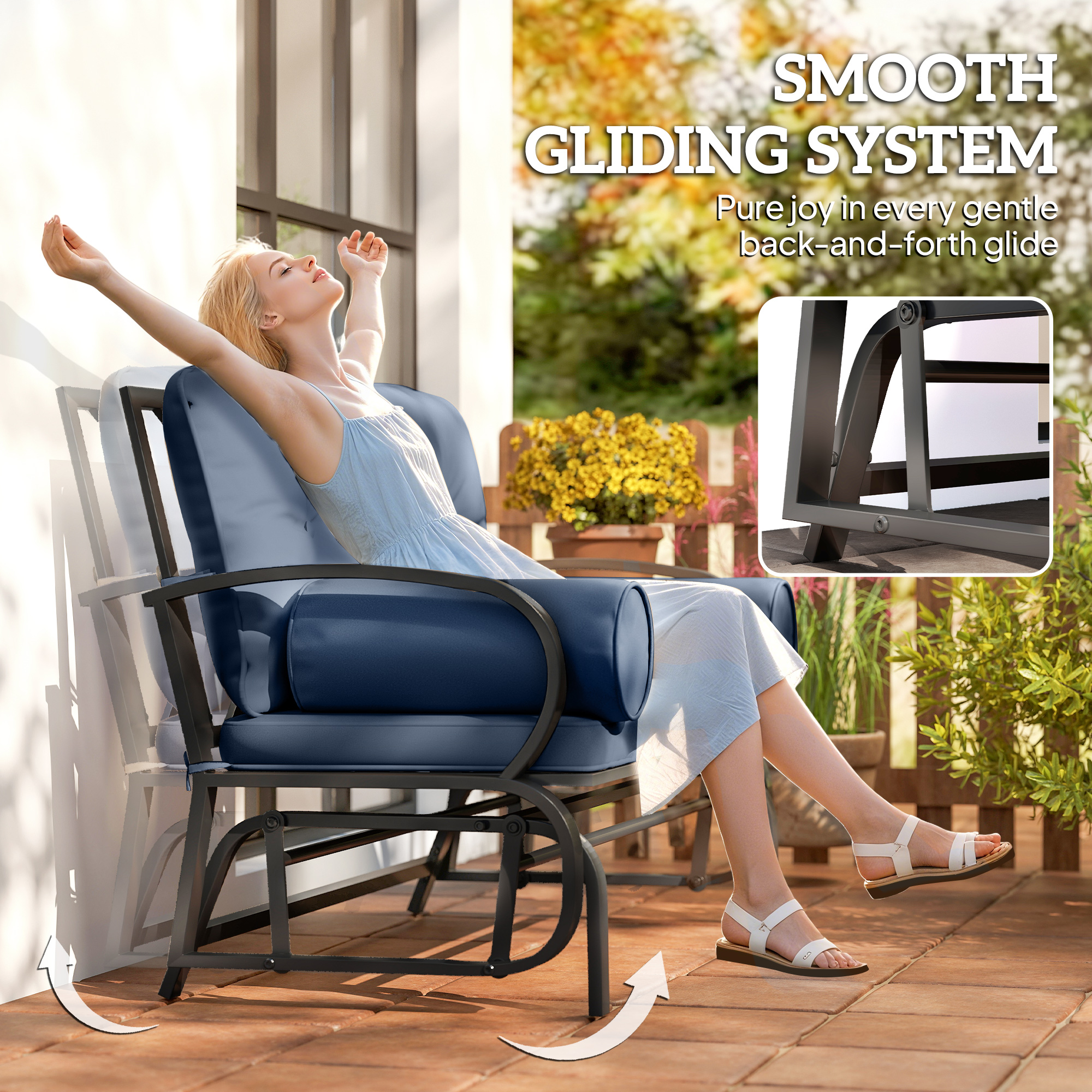  Swing Glider Rocking Chair, Double Patio Bench, 2 Person Loveseat with Steel Frame, Cushions, Pillow Armrests, Blue