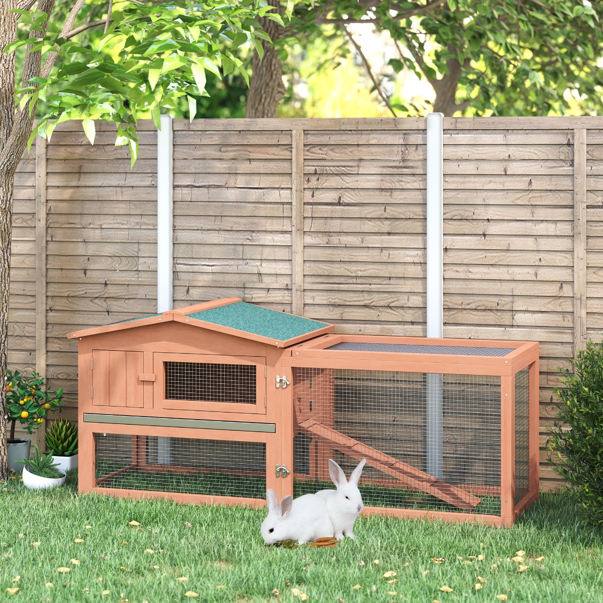  Rabbit Cage Outdoor, 62" Wooden Outdoor Rabbit Hutch, Small Animal Habitat with Detachable Run and Elevated Main House, Natural