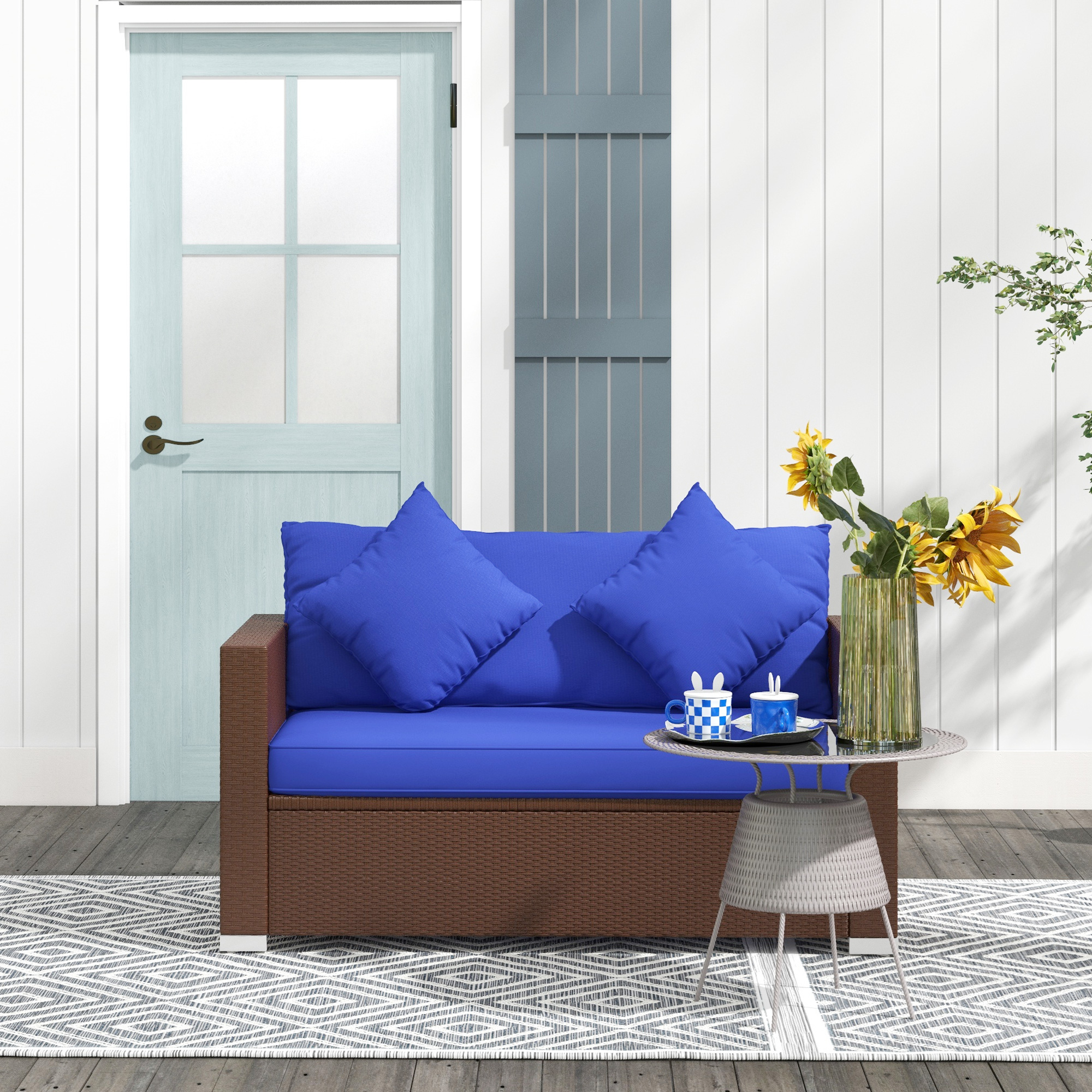  Wicker Loveseat, Patio Furniture Couch with Cushions, 2 Seat PE Rattan Sofa, 2 Throw Pillows, Blue