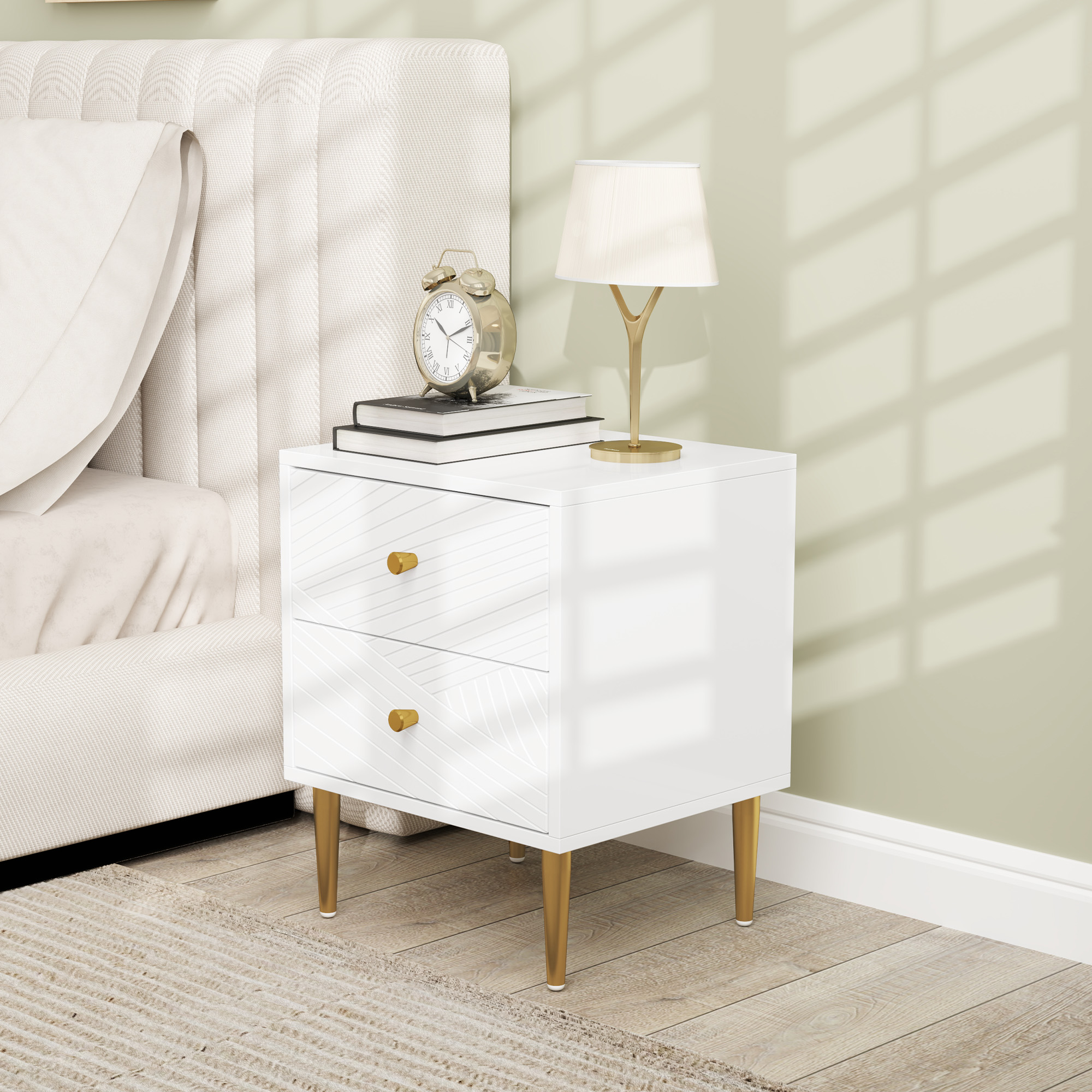 Elegant Two-Drawer Bedside Table - White Gold-Tone — image 5