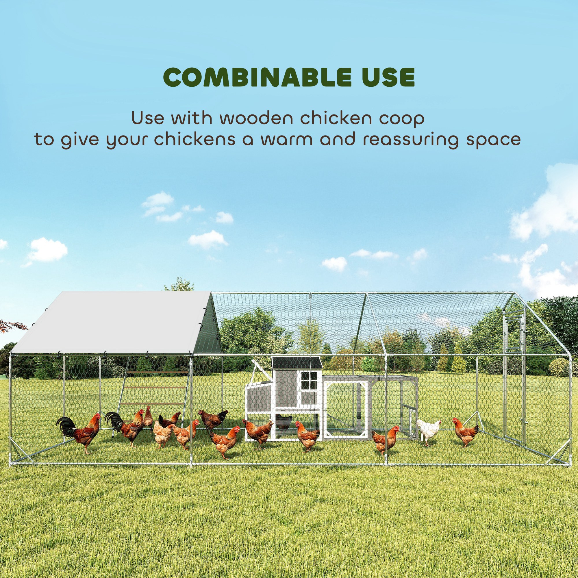  Metal Chicken Run w/ Waterproof & Anti-UV Cover, Feeding Door, Hanging Feeder, for 18-24 Chickens, 9.8' x 19.7' x 6.4'