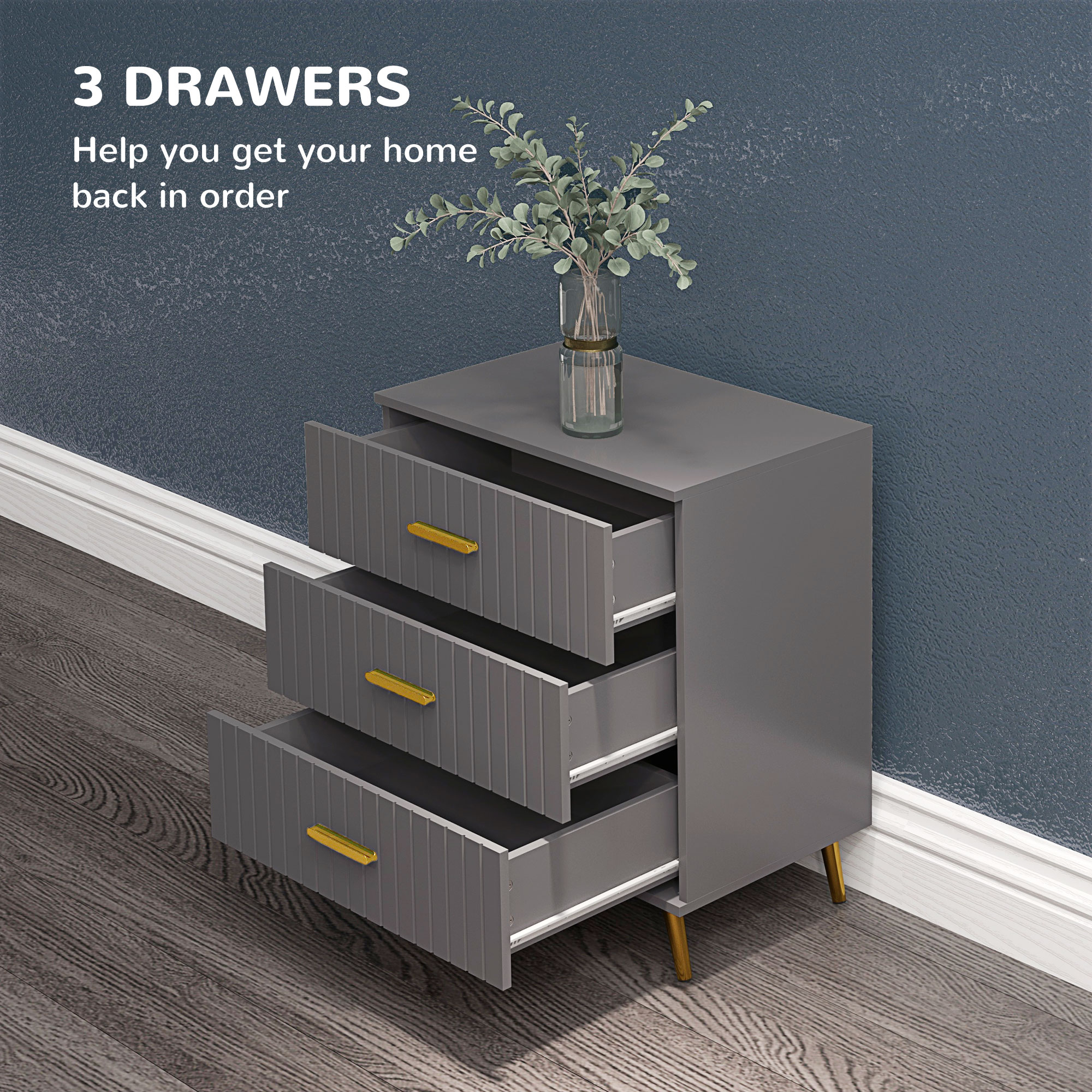 Three Drawer Embossed Line Dresser - Grey/Gold Tone — image 5