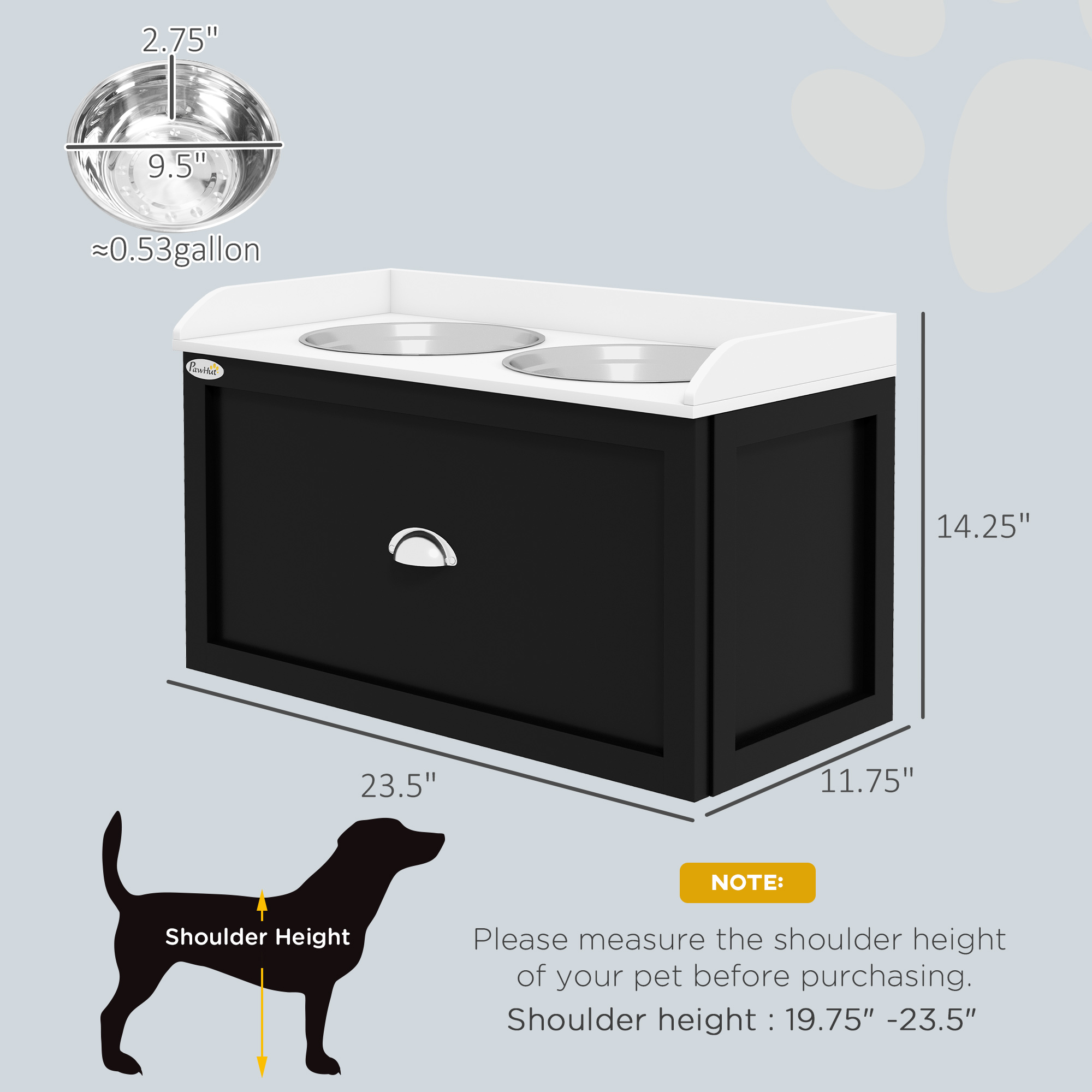  Pet Feeding Station Pet Dish Bowl Set with Storage, 2 Elevated Dog Bowls for Large Sized Dogs, White and Black