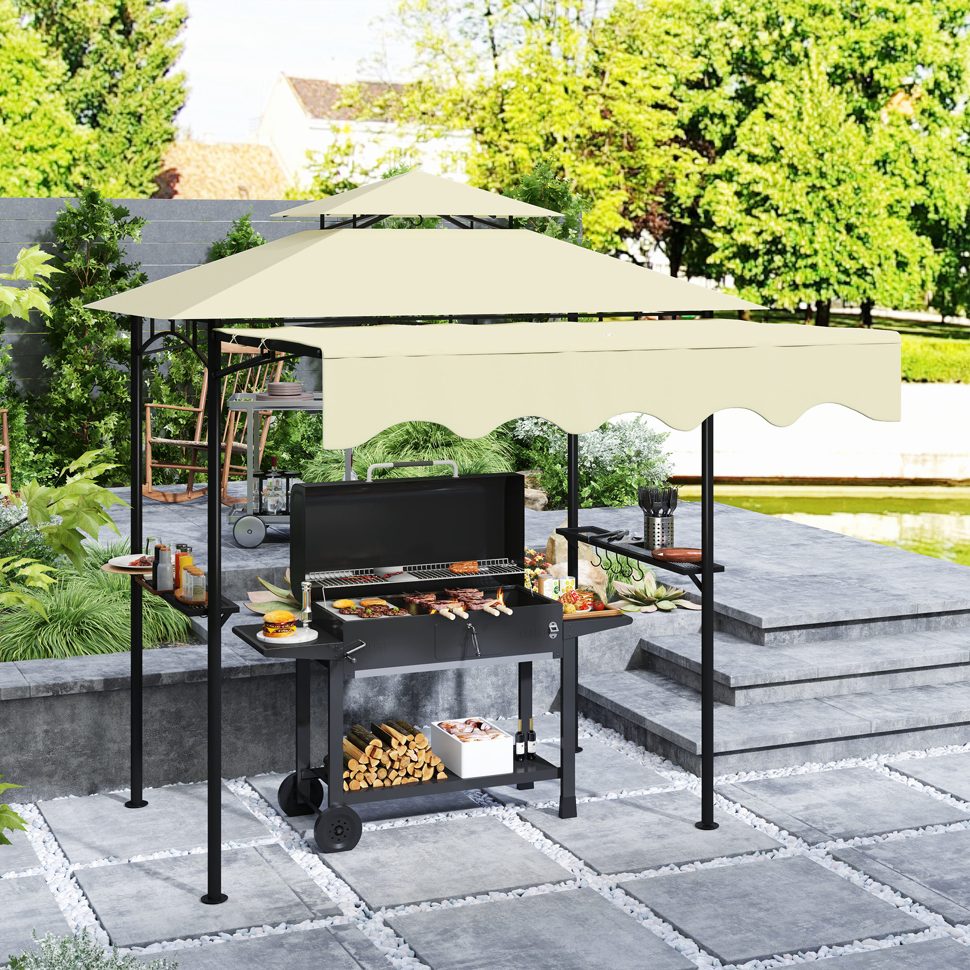 8 x 7.6 Outdoor Grill Gazebo, Barbecue Gazebo Shelter with Side Awning, 2 Side Shelves and 6 Hooks, Beige
