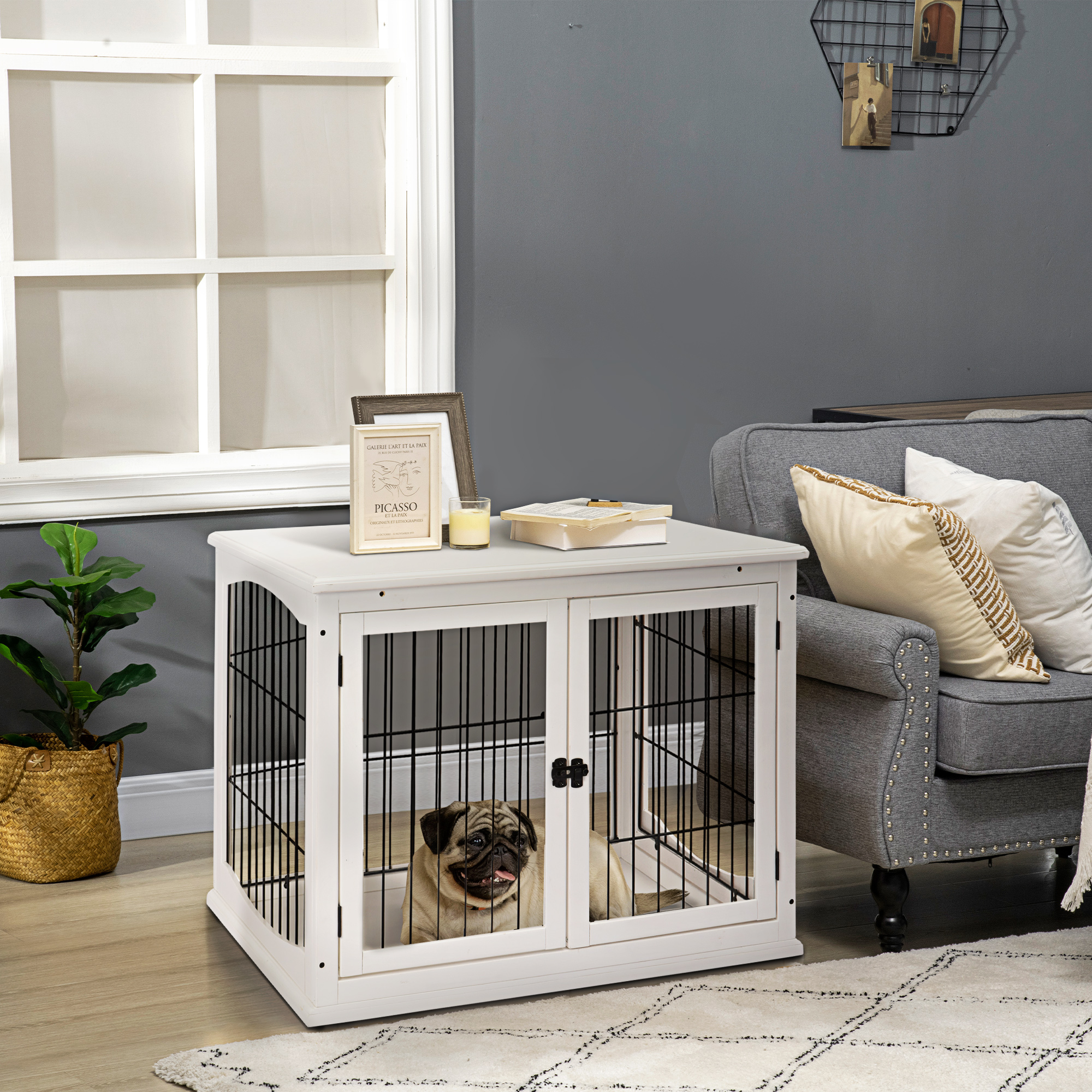  Dog Crate Furniture, 32" Small Dog Cage End Table with 2 Doors, Lockable Door, Puppy Kennel Indoor, White