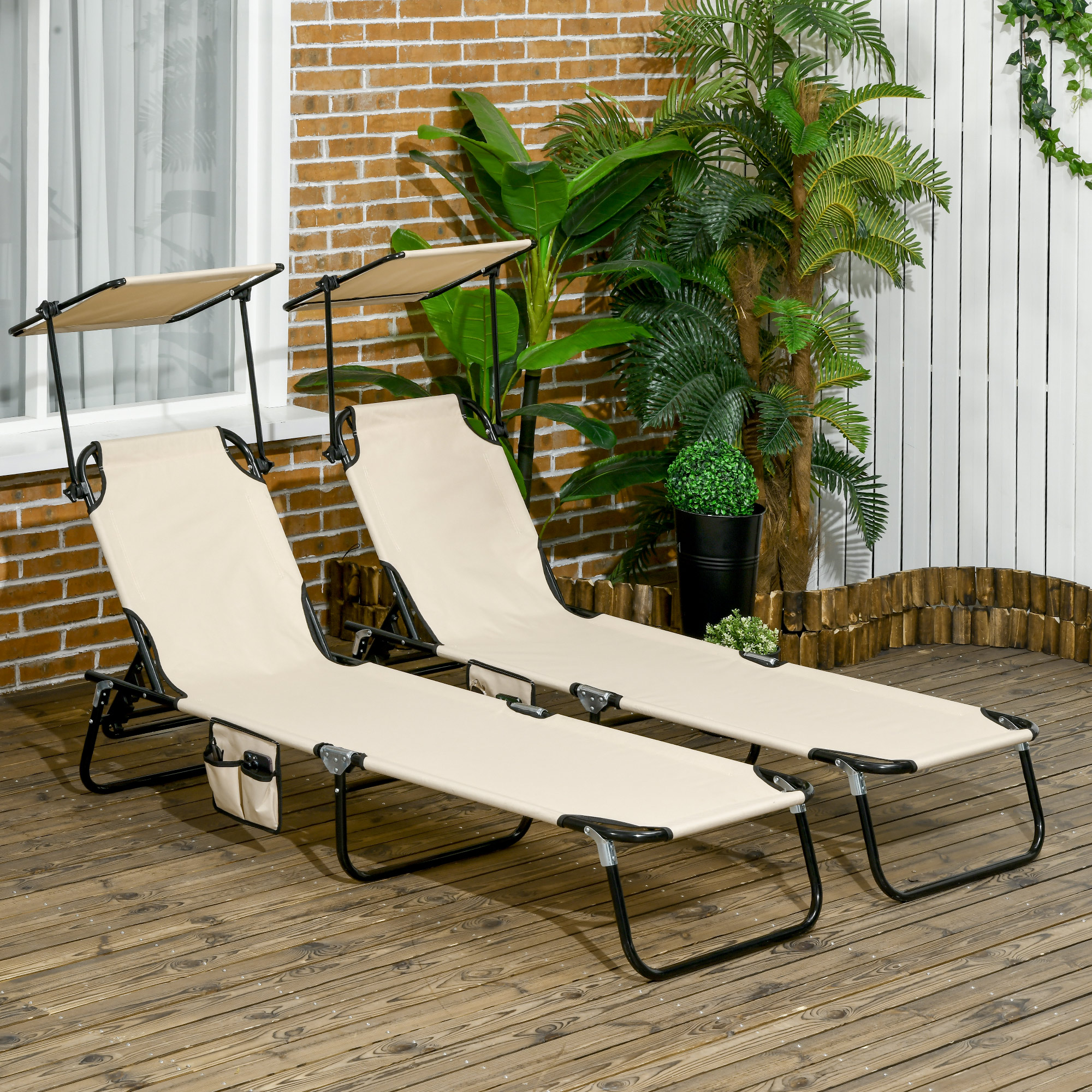 Folding Chaise Lounge Pool Lounge Chairs Set of 2, Outdoor Sun Tanning Chairs with Canopy Shade, Reclining Back, Steel Frame and Side Pocket for Beach, Yard, Patio, Tan