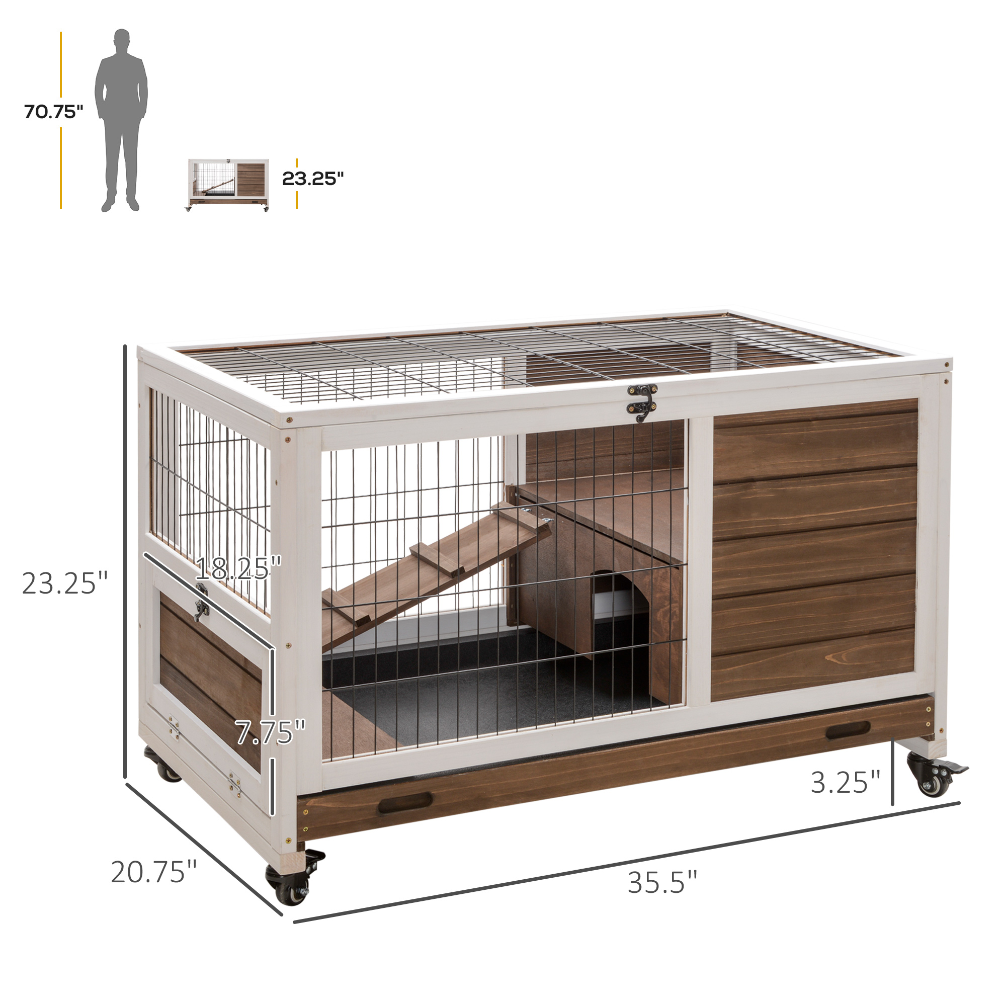  Indoor Rabbit Enclosure, on Wheels, Indoor Bunny Cage Small Animal House with Pull Out Tray Casters Ramp, 35.5" x 21" x 23", Brown