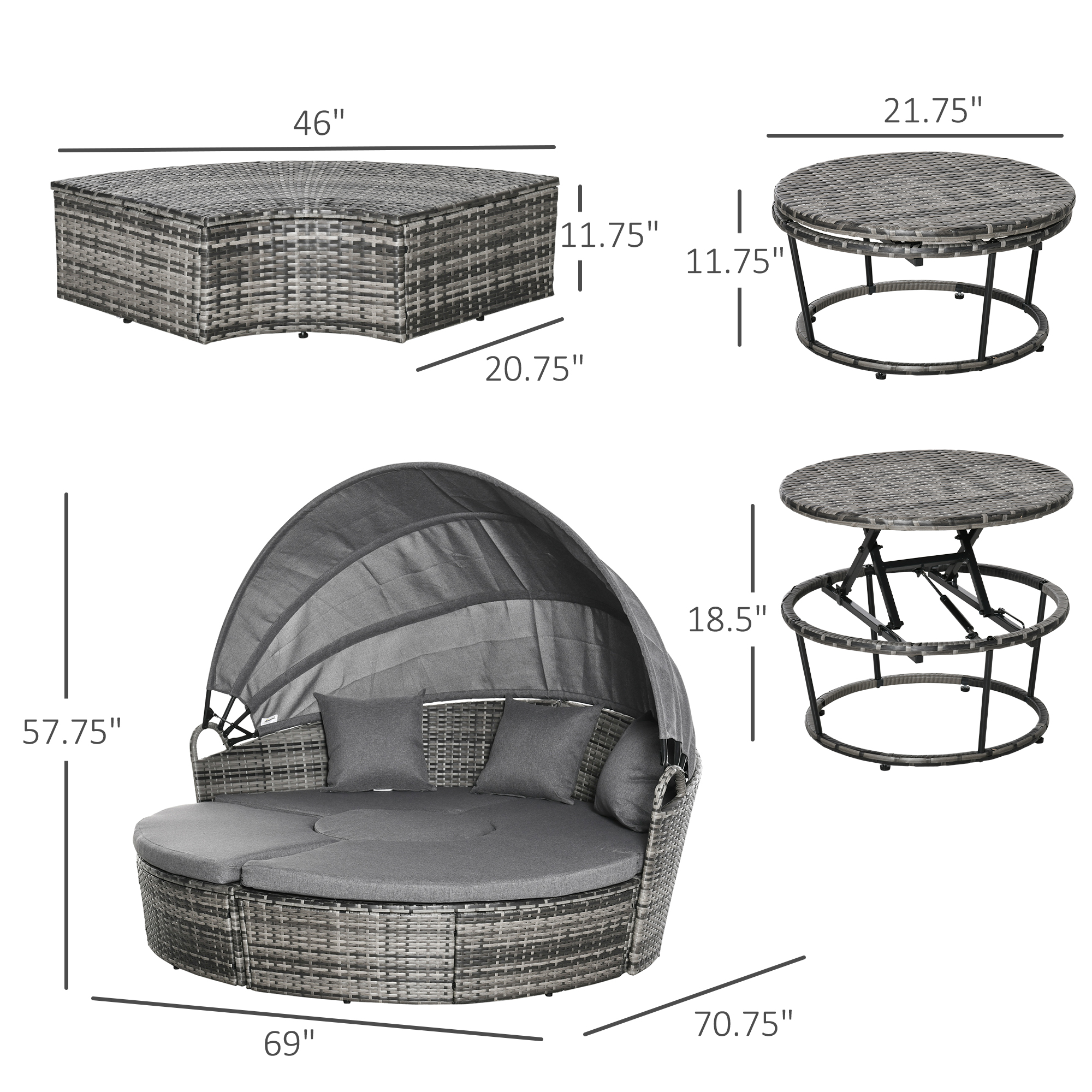  4 Piece Round Rattan Daybed, Convertible Patio Furniture Set, Adjustable Sun Canopy, Sectional Outdoor Sofa, 2 Chairs, Extending Tea Table Ottoman Chair, 3 Pillows, Gray