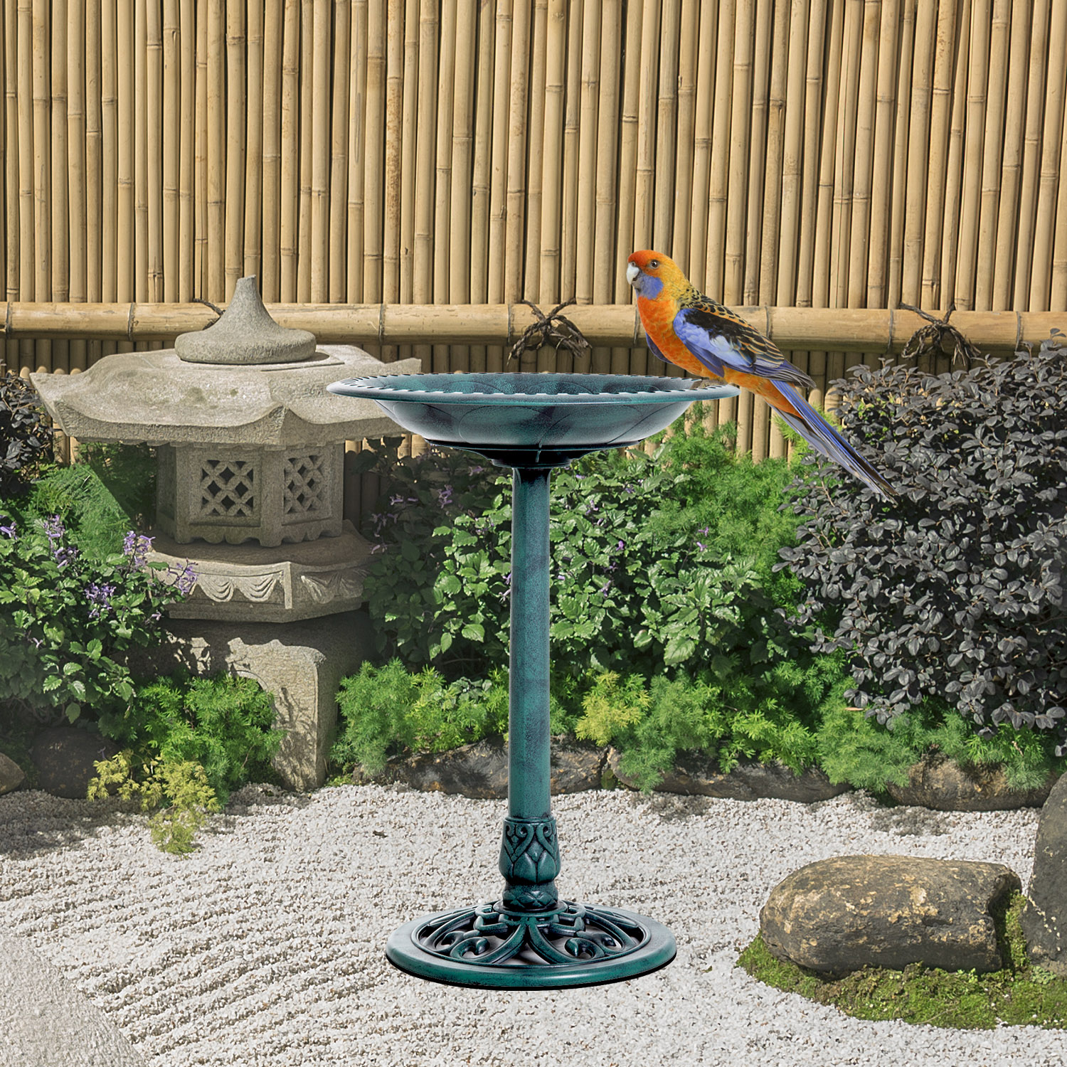 28 Bird Bath Outdoor Resin Decor with Fleur De Lis Pattern, Time-Worn Finish