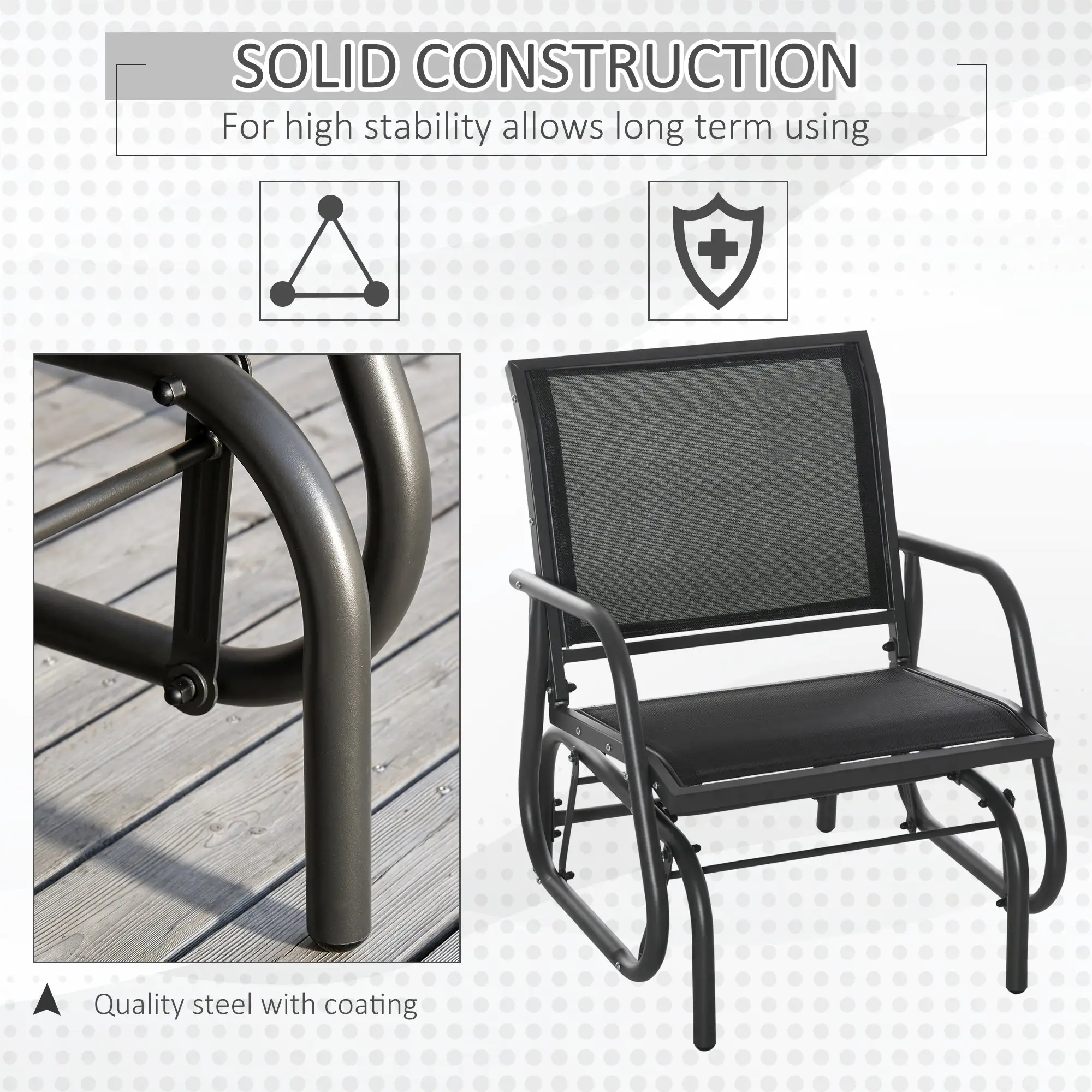 2-Piece Outdoor Glider Swing, Rocking Chair Set with Breathable Mesh Fabric, Sturdy Durable Frame, Curved Armrests, Supports Up to 264 lbs., for Backyard, Garde