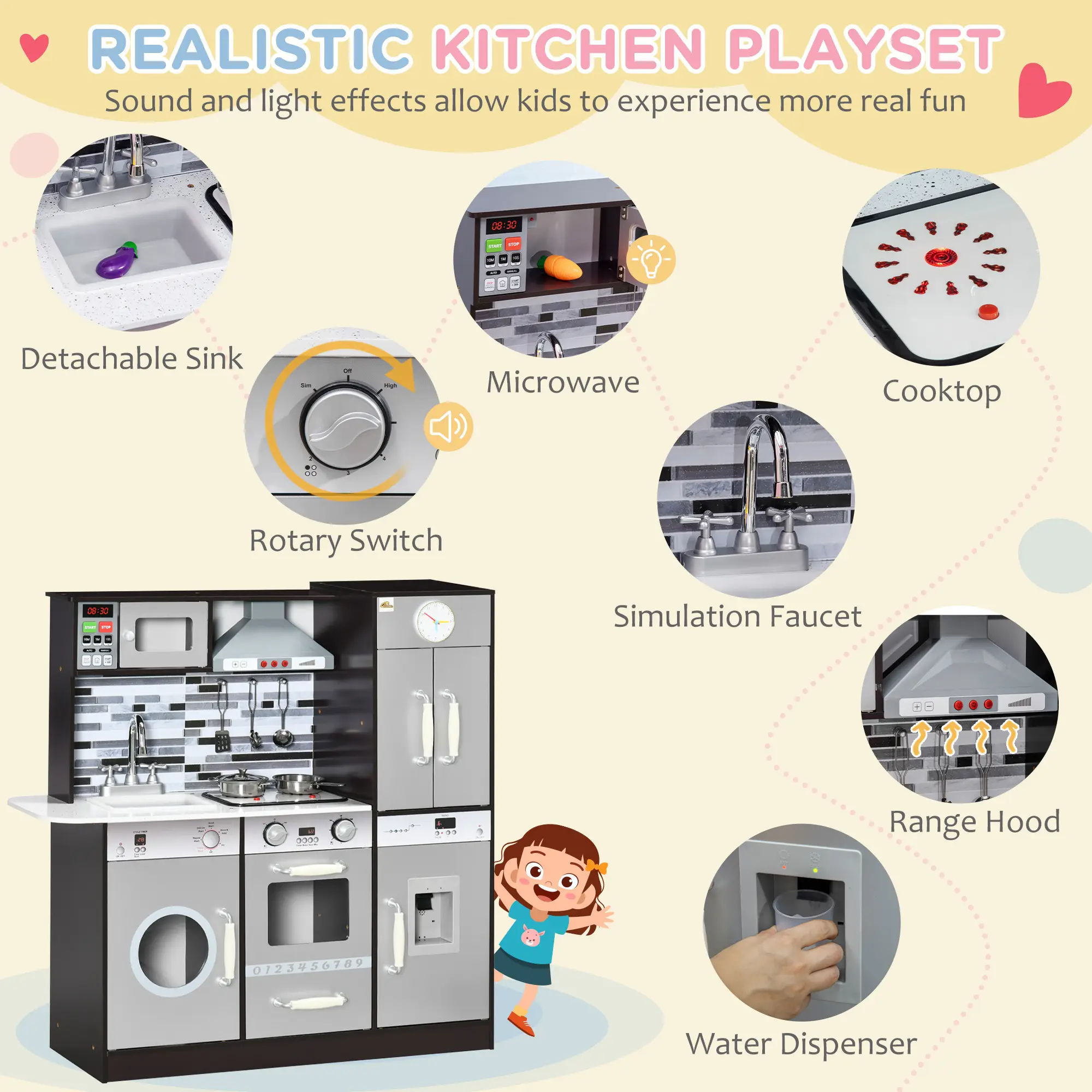 Wooden Play Kitchen with Lights Sounds, Kids Kitchen Playset with Washing Machine, Water Dispenser, Microwave, Range Hood, Refrigerator, Utensils, Gift for 3-6 