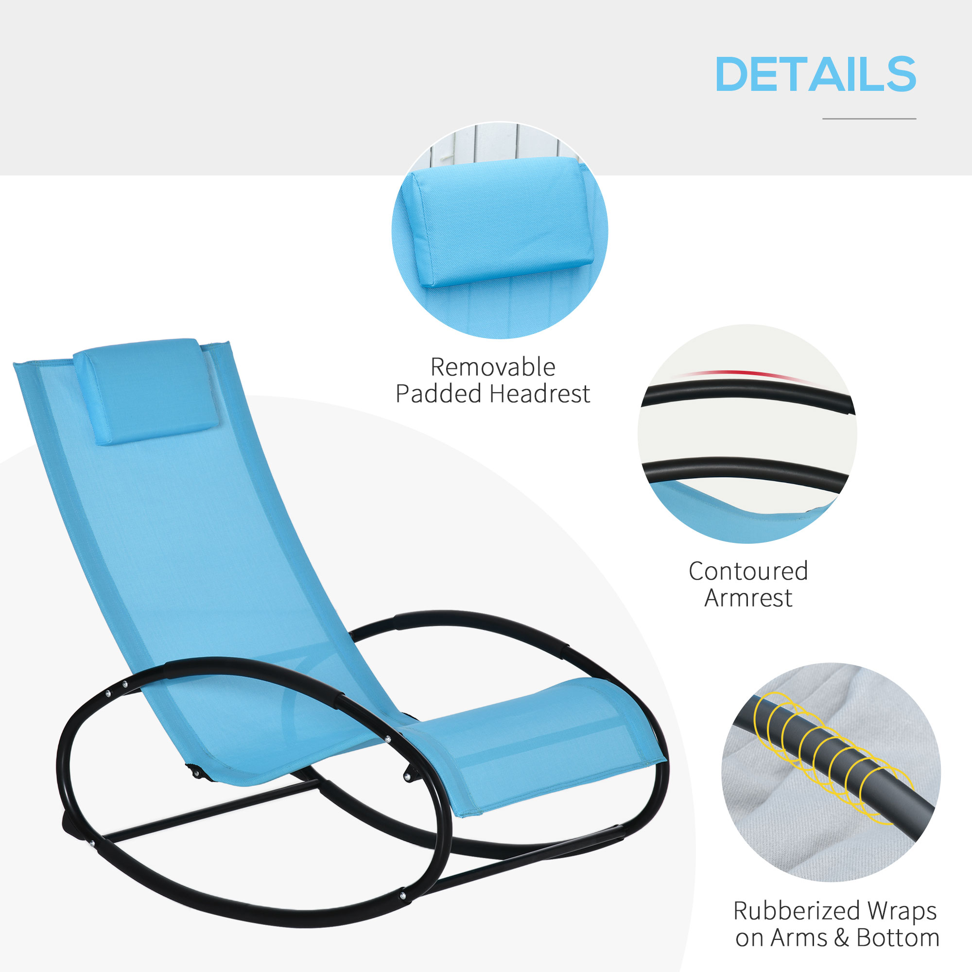  Pool Lounger, Outdoor Rocking Lounge Chair for Sunbathing, Pool, Beach, Porch with Pillow and Cool Mesh, Sun Tanning Rocker, Sky Blue