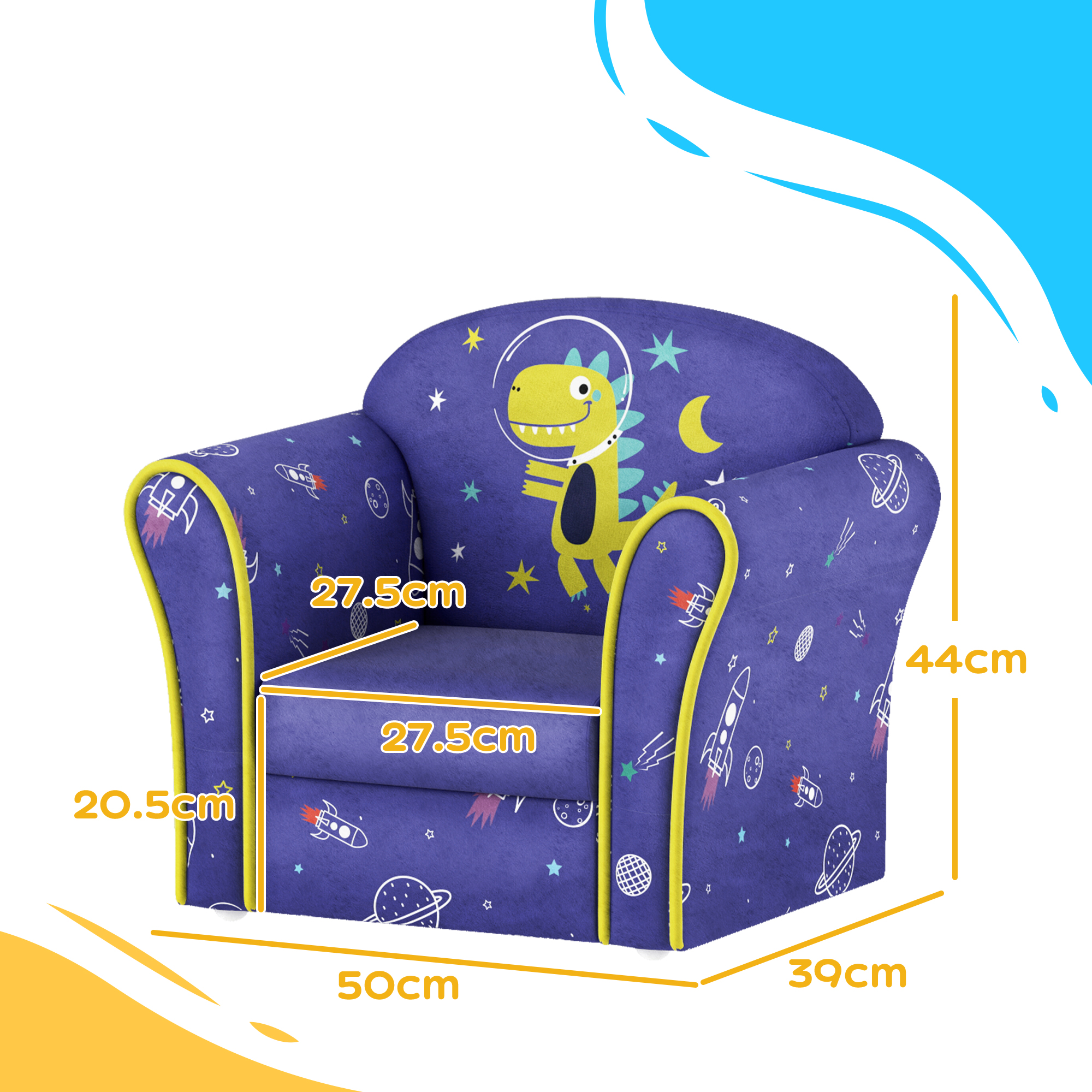 Kids Armchair With Planet Dinosaurs Design, Wooden Frame, For Bedroom — image 2