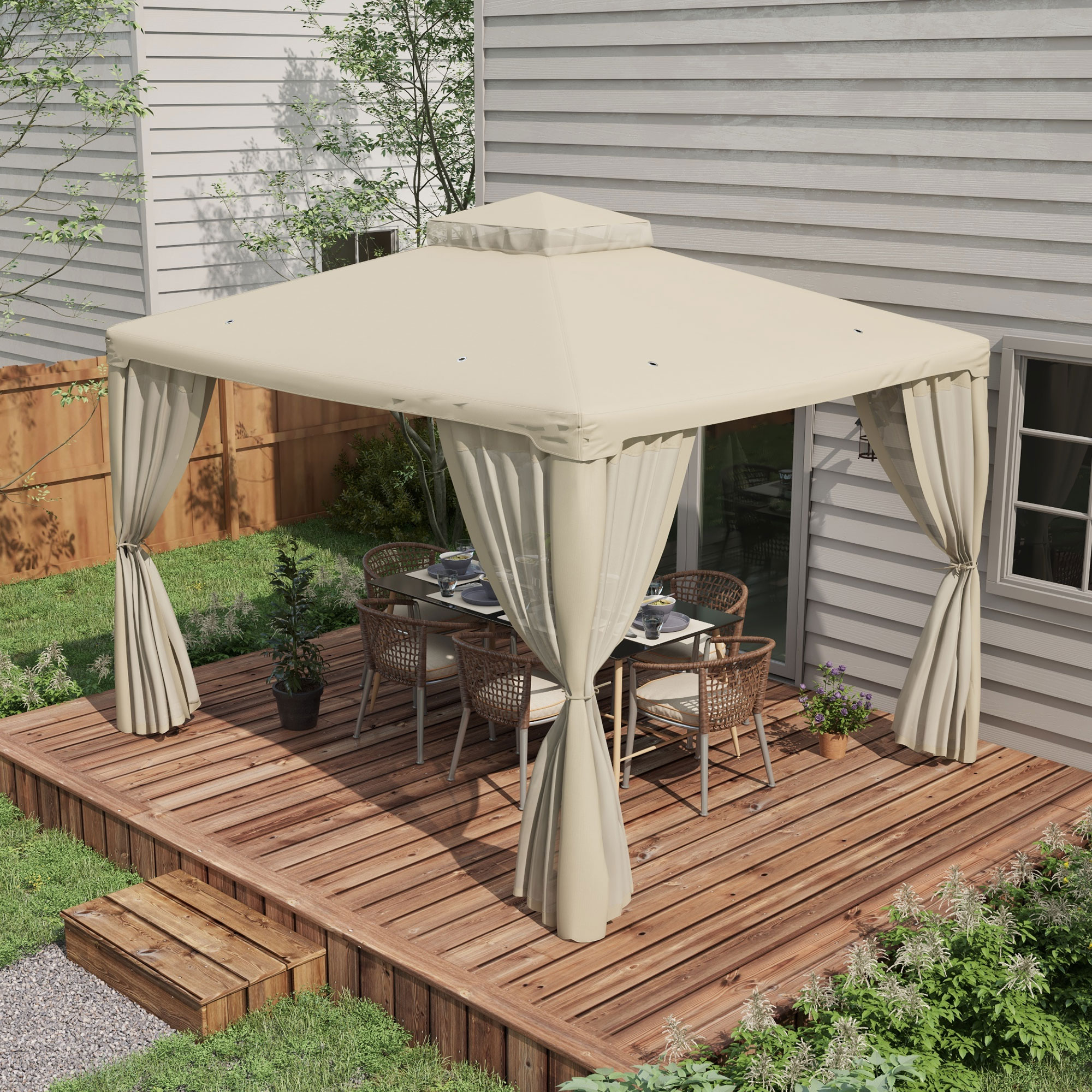 9.6 x 11.6 Patio Gazebo Outdoor Canopy Shelter with 2-Tier Roof and Netting, Steel Frame for Garden, Cream White