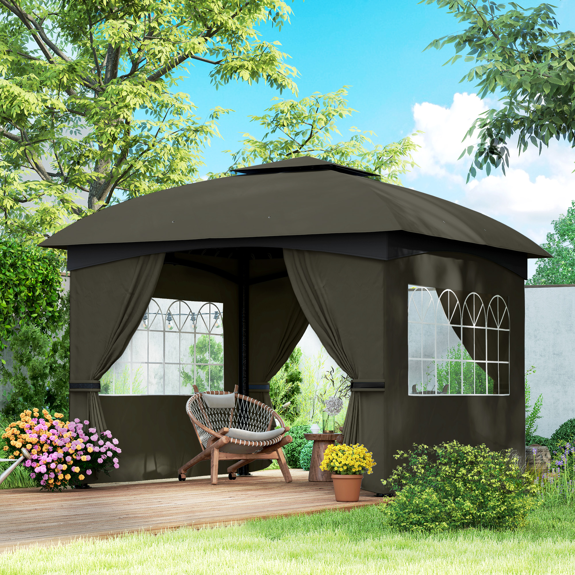 11 x 11 Outdoor Gazebo, Double Roof Patio Gazebo with Curtains, Church Windows, Galvanized Steel Frame, Dark Gray
