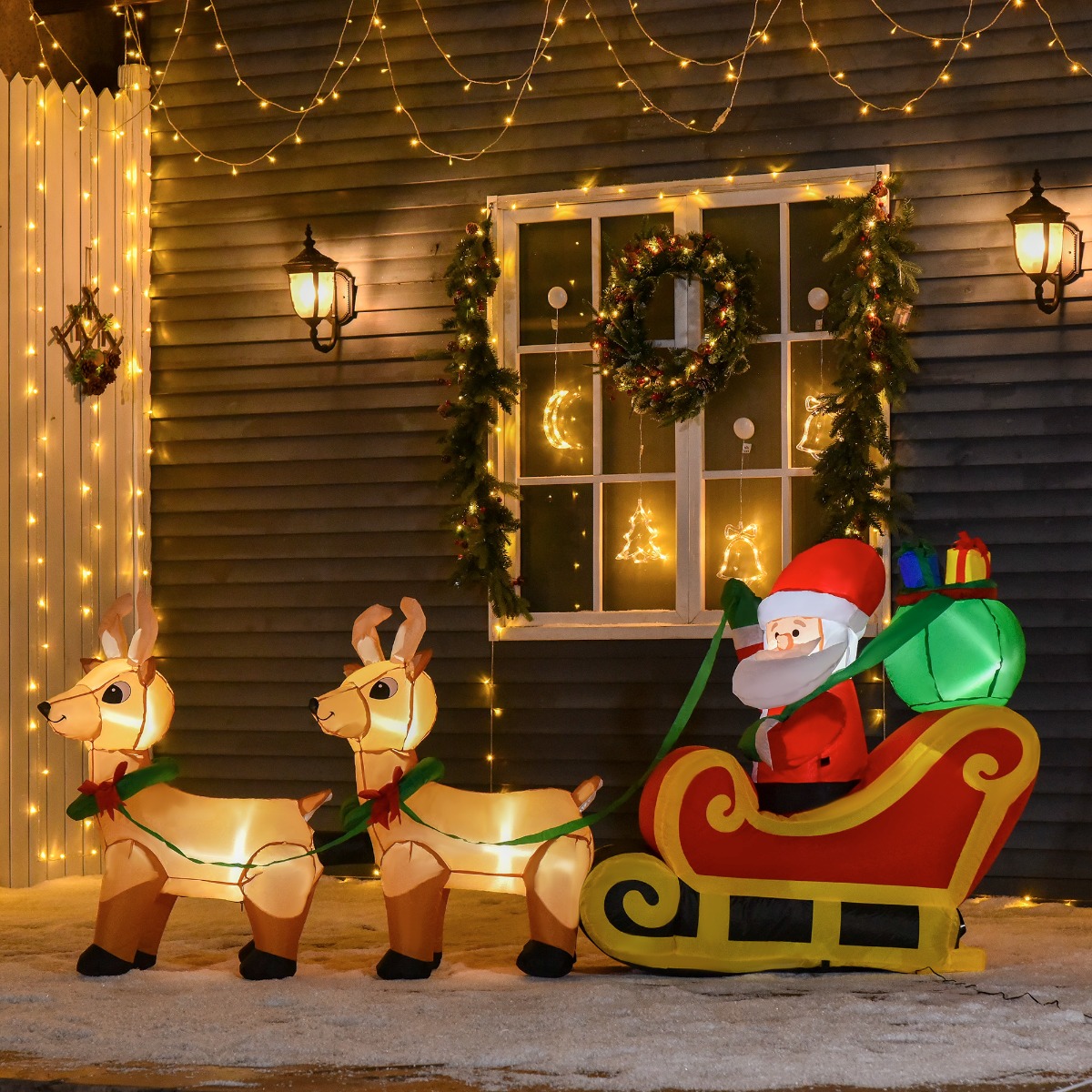 8ft Long Christmas Inflatable Santa Claus with Sleigh and Reindeer, Outdoor Blow-Up Yard Decoration with LED L