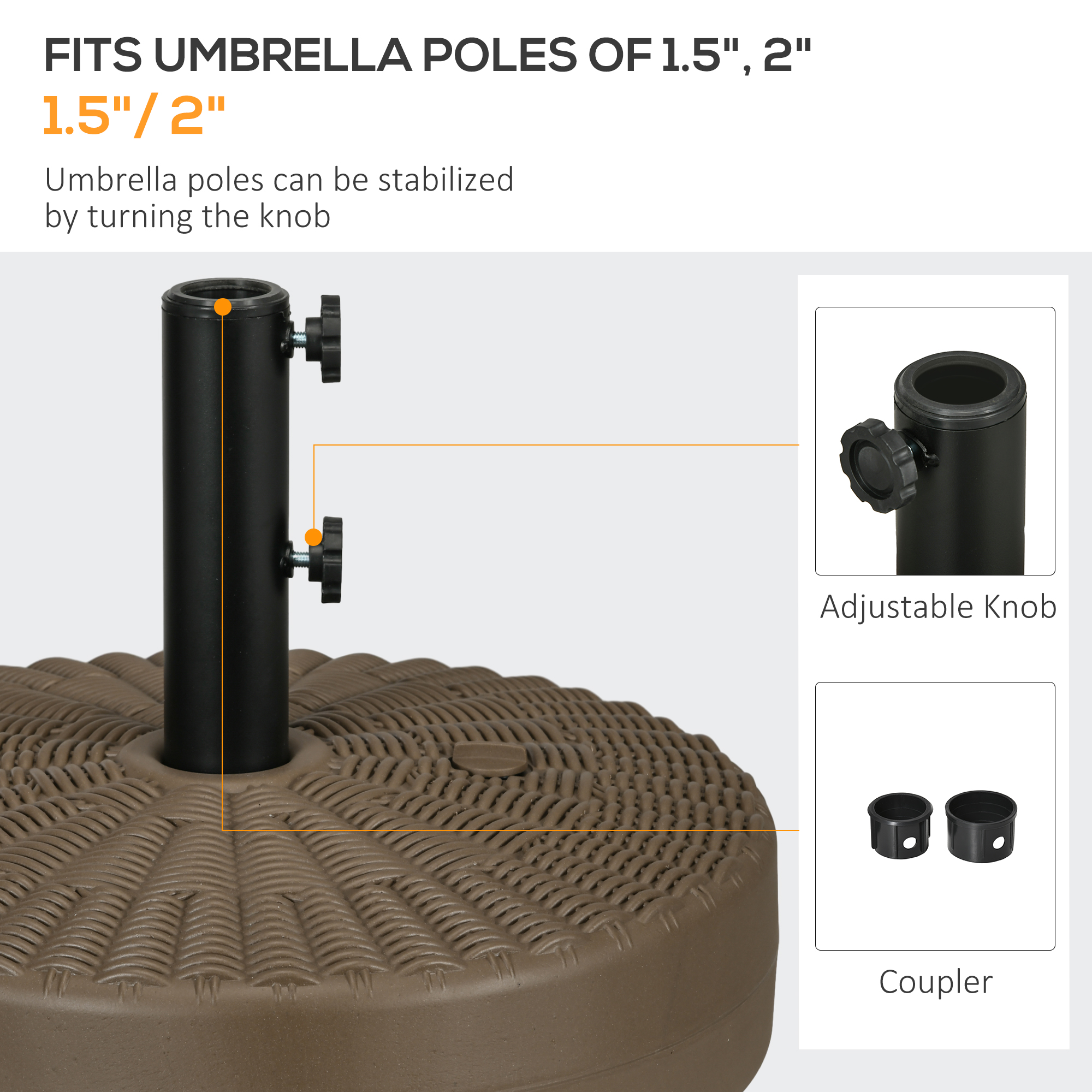 Umbrella Stand for 1.5″ or 2″ Umbrella Poles, Round Fillable Umbrella Base for Outdoor, Lawn, Deck, Brown