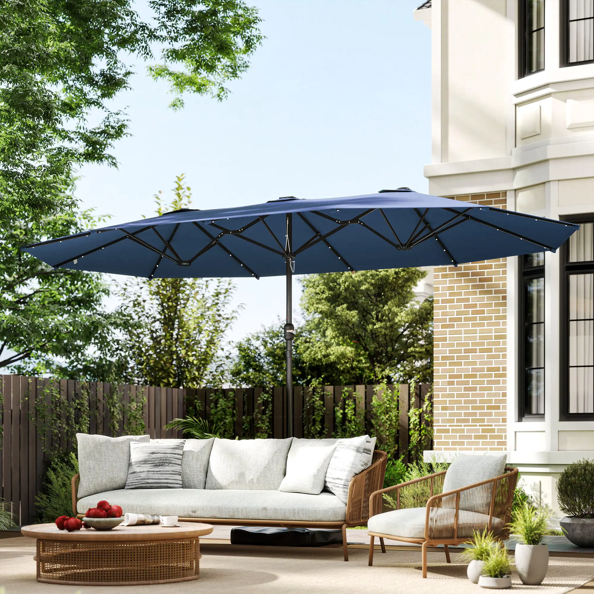 Garden Parasol 14.4ft Double-Sided Sun Umbrella with Base, Patio Parasol with LED Solar Lights, Navy Blue