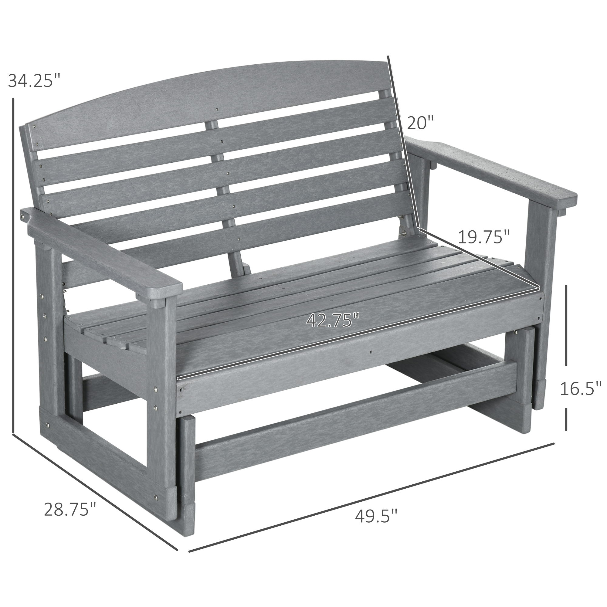 Patio Glider Bench w/ HDPE Slatted Double Rocking Chair, Light Gray