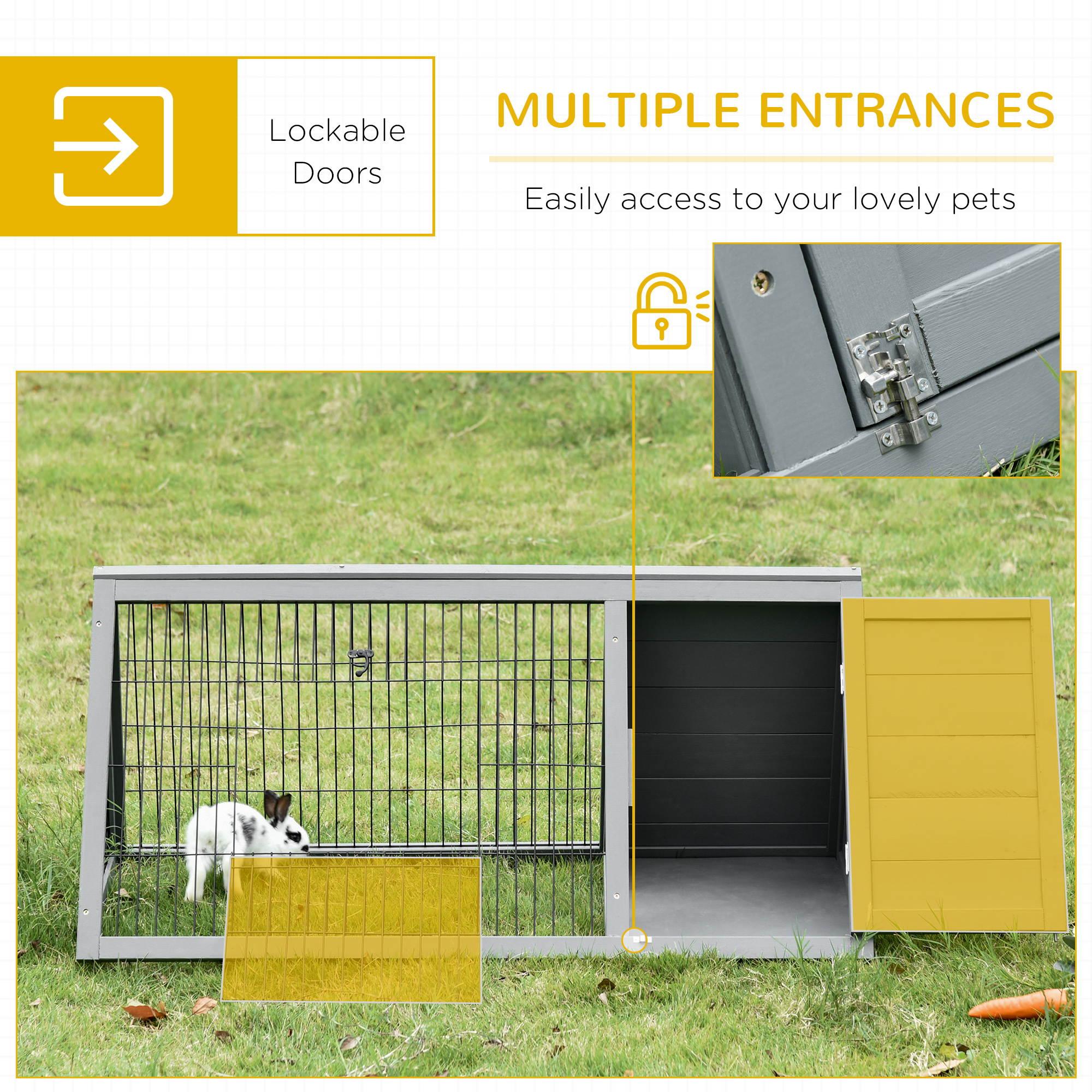  46" x 24" Wooden A-Frame Outdoor Rabbit Hutch, Small Animal Cage, Bunny Hutch with Outside Run & Ventilating Wire, for Rabbits, Chickens, Ducks, Gray