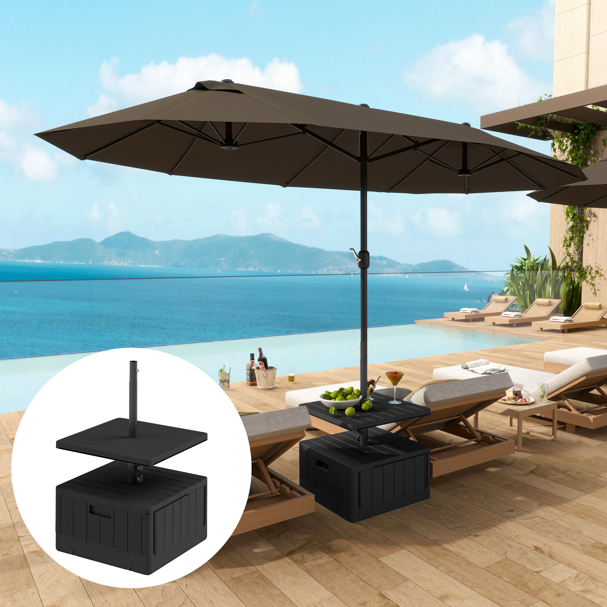 Patio Umbrella Base with Table Tray, Heavy Duty Weighted Umbrella Stand,Wheels Handles, 176lbs,Stand Filling, Black