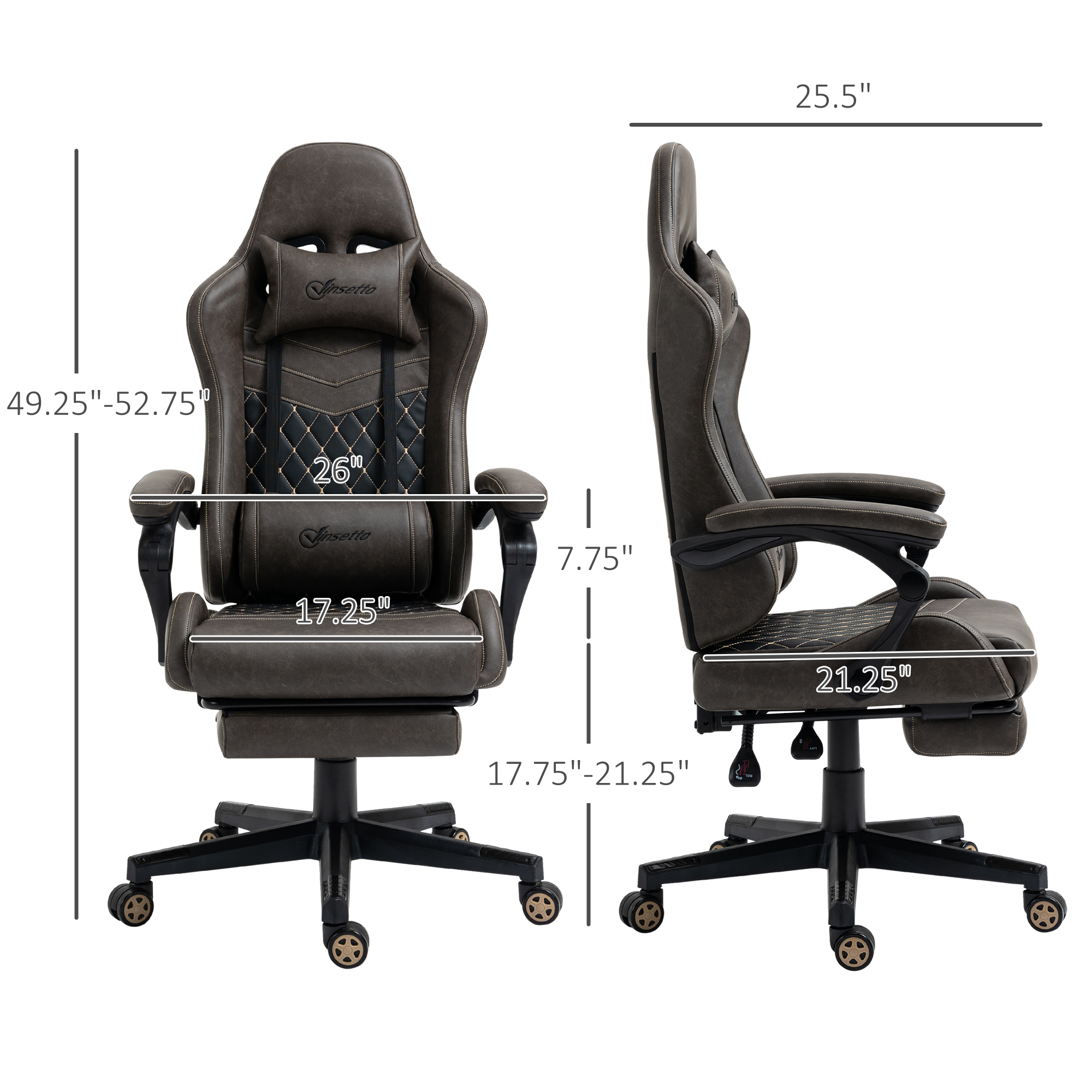 Racing Gaming Chair Diamond PU Leather Office Gamer Chair High Back Swivel Recliner with Footrest, Lumbar Support, Adjustable Height, Brown 2