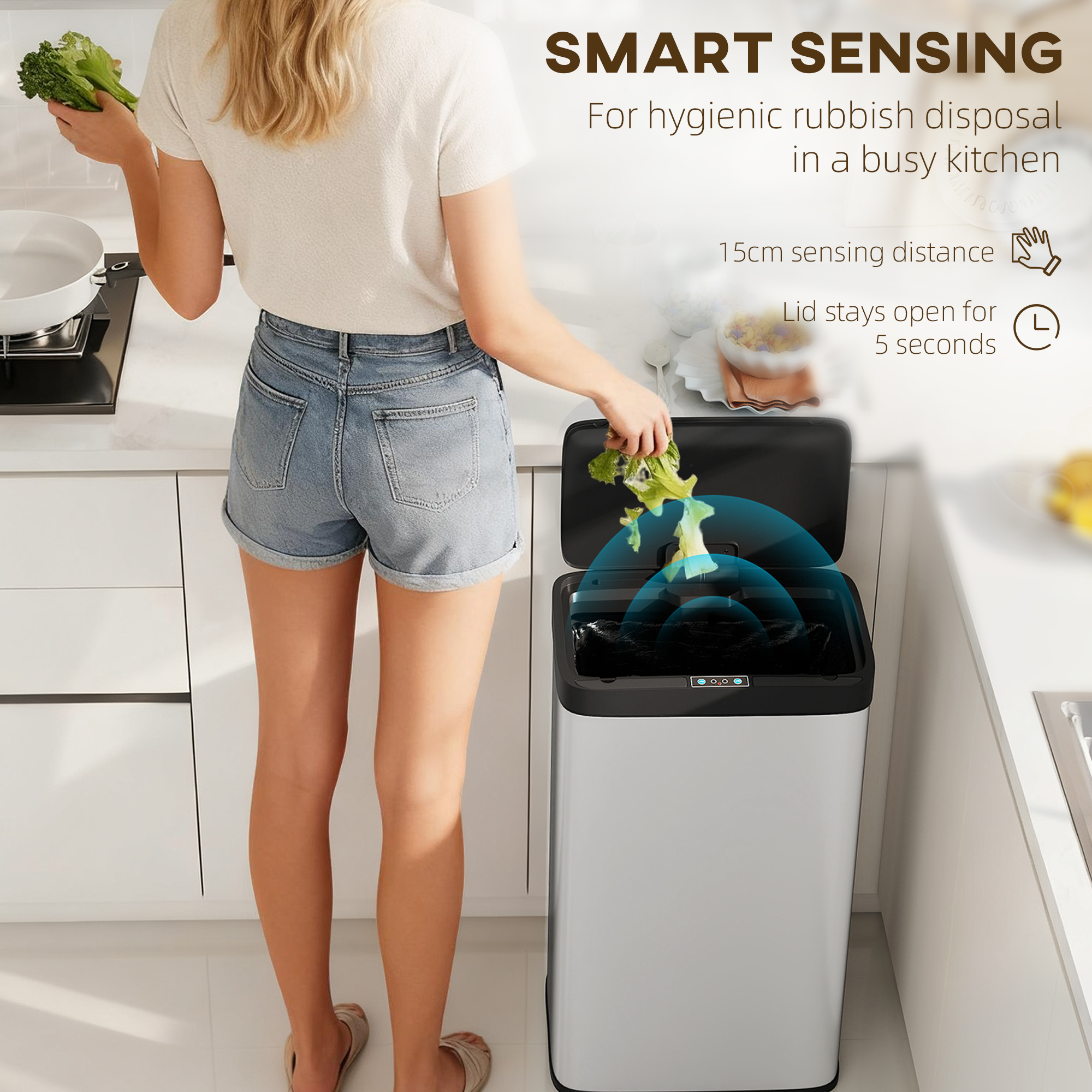 45L Stainless Steel Sensor Bin - Silver Tone — image 4