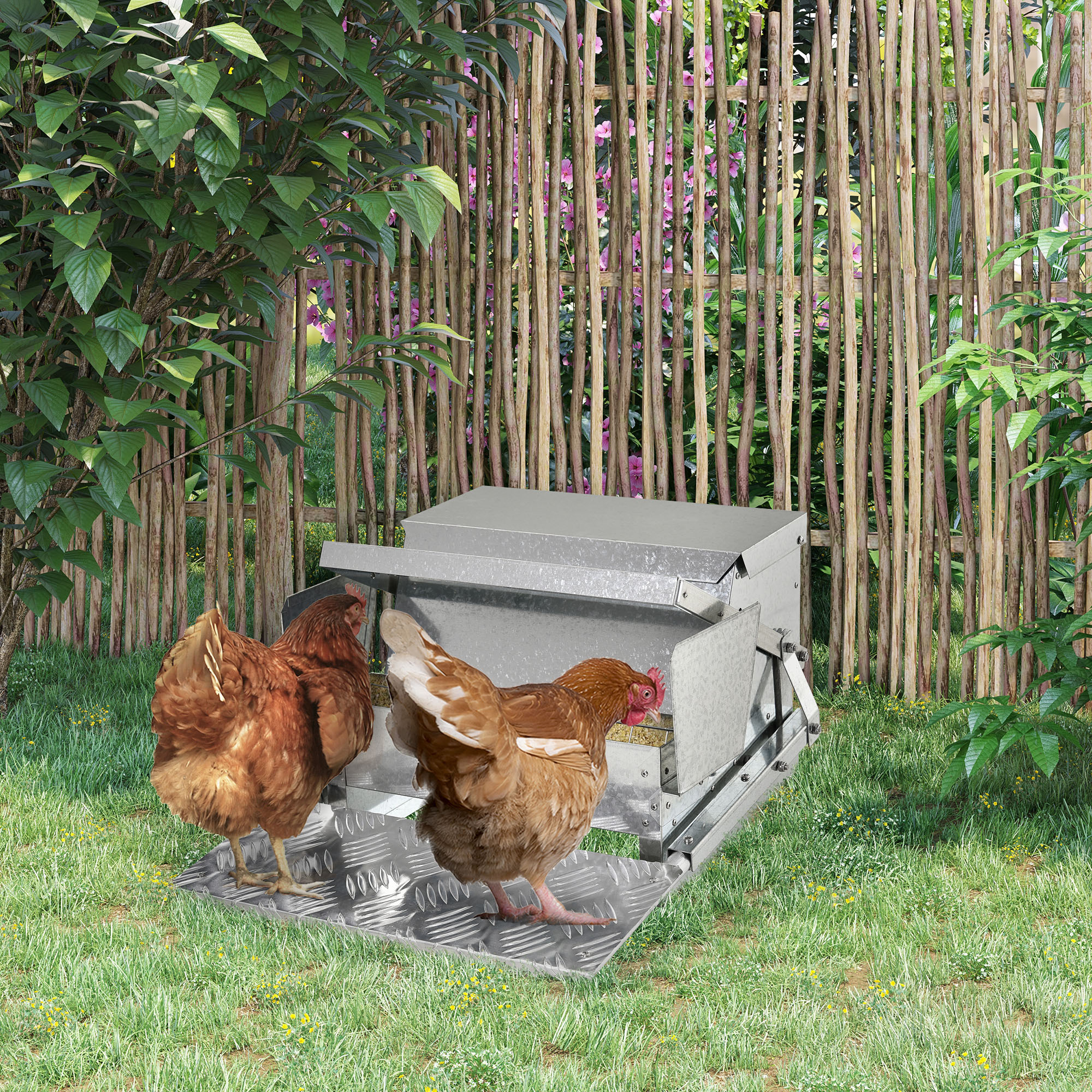 เครื่องให้อาหารไก่อัตโนมัติ 25 ปอนด์ ผลิตจากเหล็กชุบสังกะสีและอลูมิเนียม ทนทานต่อสภาพอากาศ เหมาะสำหรับฟาร์มสัตว์เลี้ยง