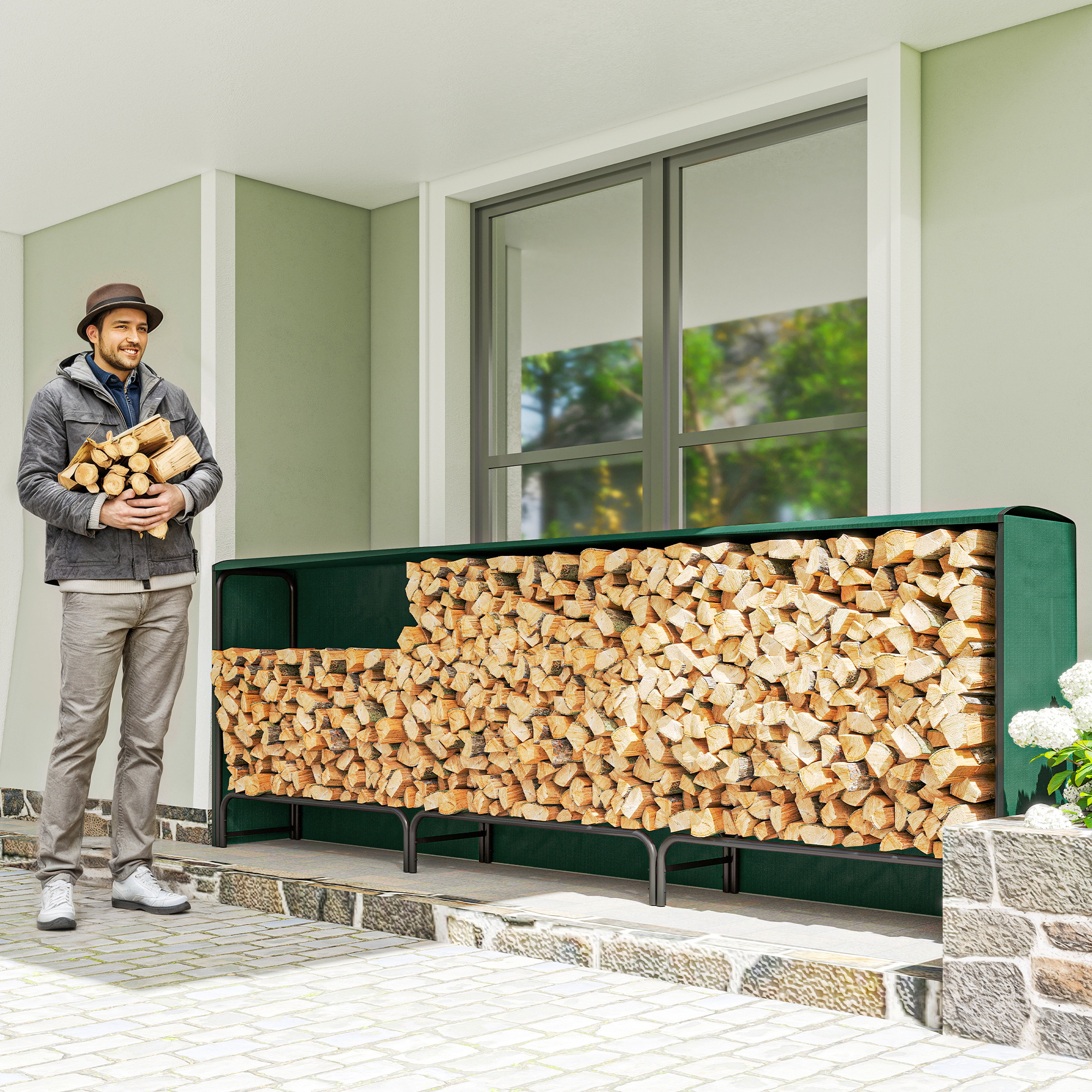 Firewood Rack With Waterproof Cover, Heavy Duty Metal Log Store Indoors — image 4