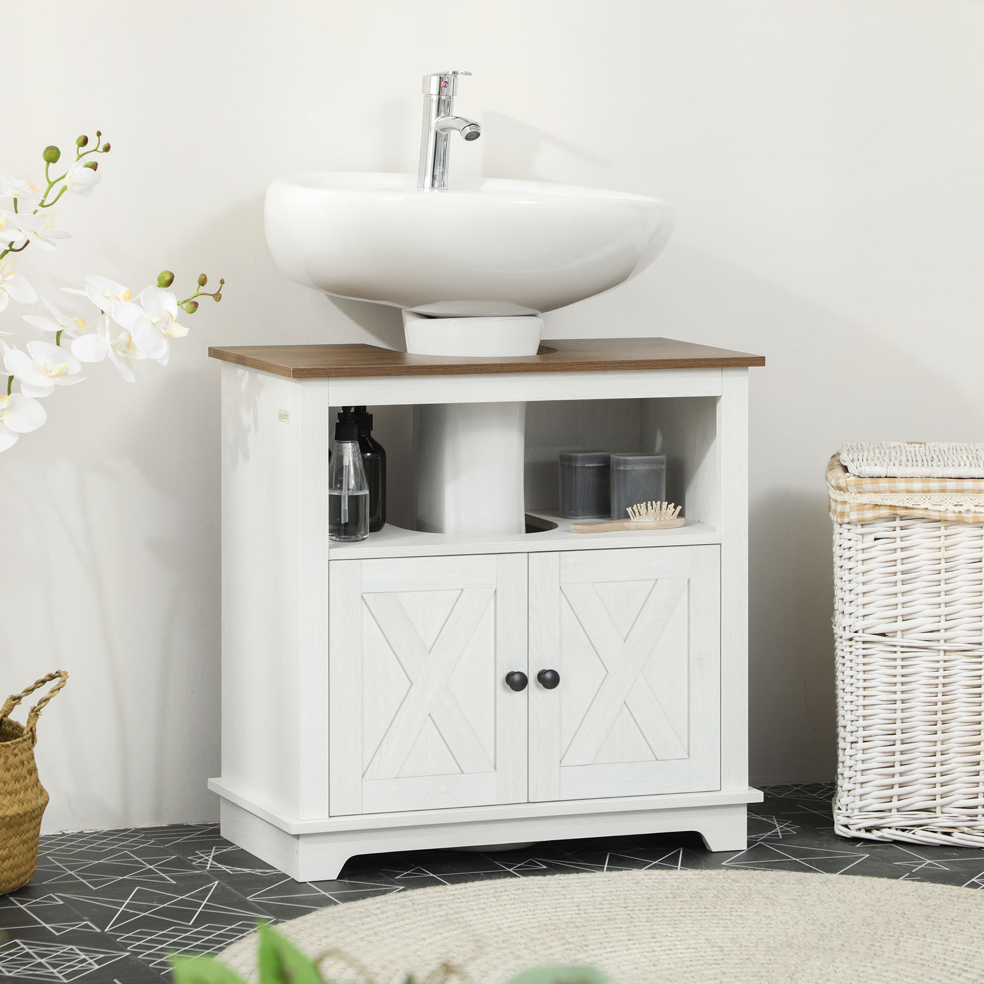  Modern Farmhouse Bathroom Sink Cabinet, Pedestal Sink Storage Cabinet with Double Doors and Shelves, White