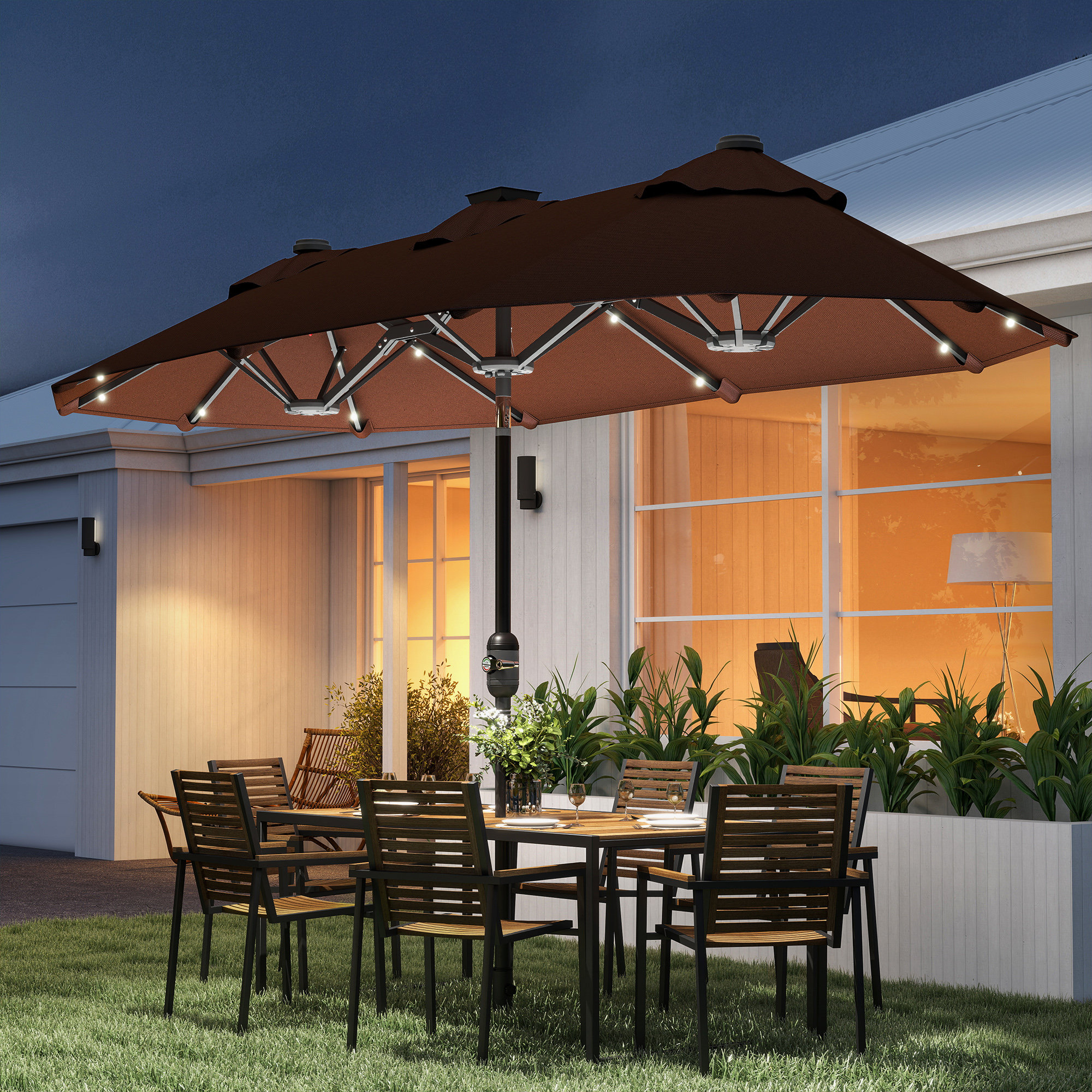 Double-sided Outdoor Patio Umbrella with Solar Lights and Base, Dining Table Umbrella Push Button Tilt, Coffee