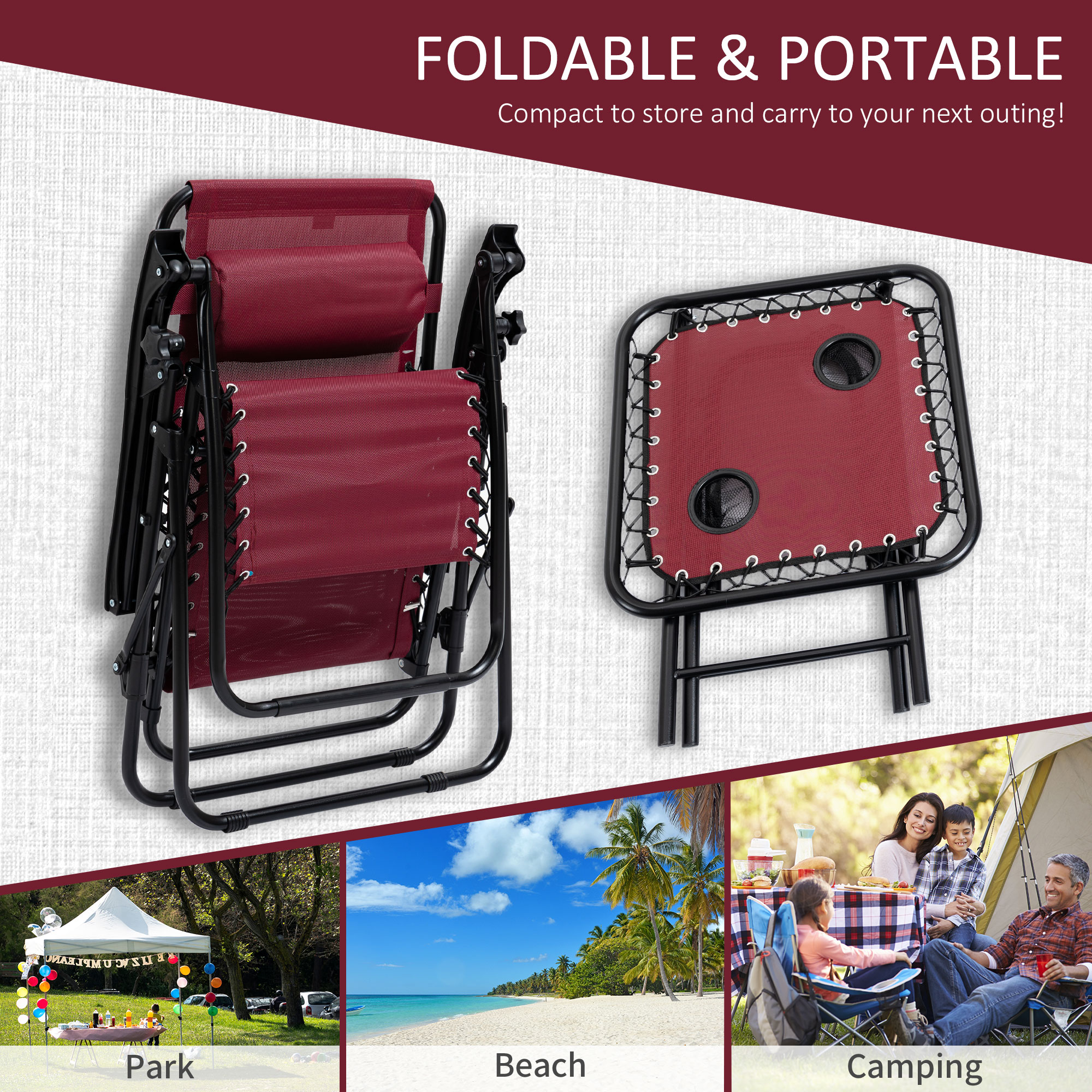  Zero Gravity Chair Set with Side Table, Folding Reclining Chair with Cupholders & Pillows, Adjustable Lounge Chairs for Pool, Backyard, Lawn, Beach, Wine Red