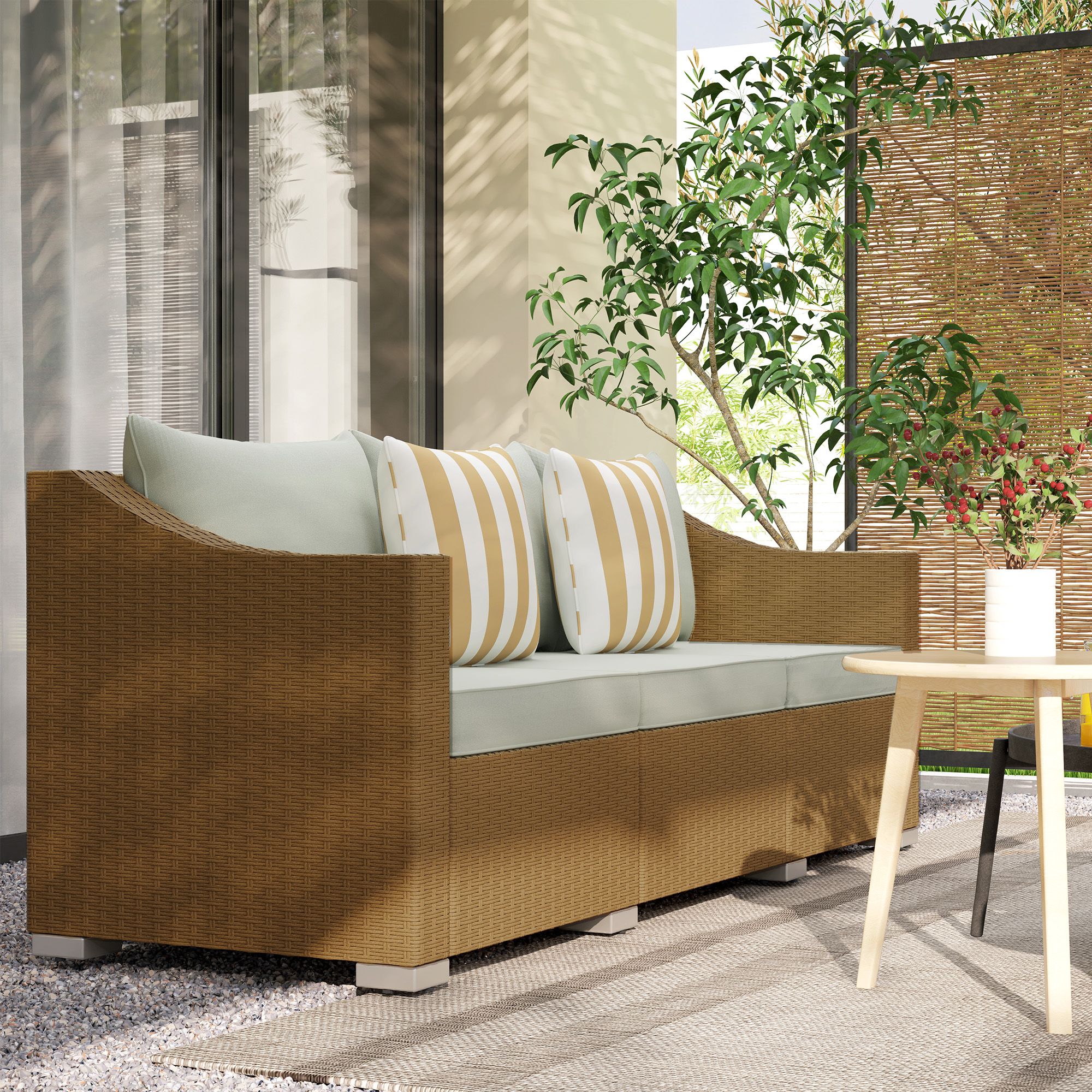 Rattan Wicker 3 Seater Patio Couch with Cushions, 2 Throw Pillows, Outdoor Furniture Rattan Sofa, Light Gray