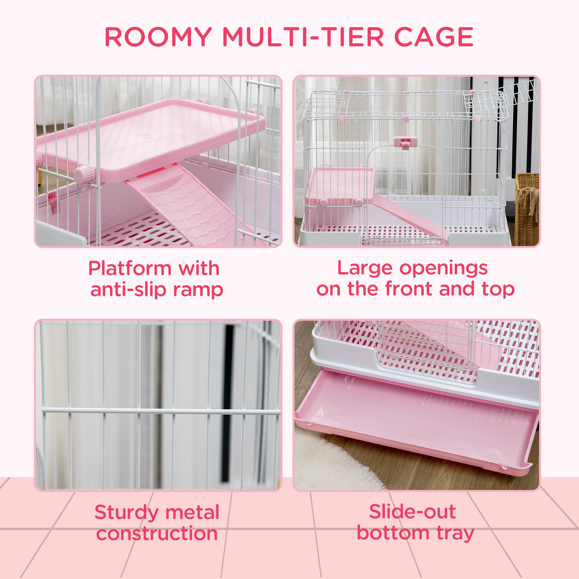  2-Level Small Animal Cage Rabbit Hutch with Wheels, Removable Tray, Platform and Ramp for Bunny, Chinchillas, Ferret, Pink