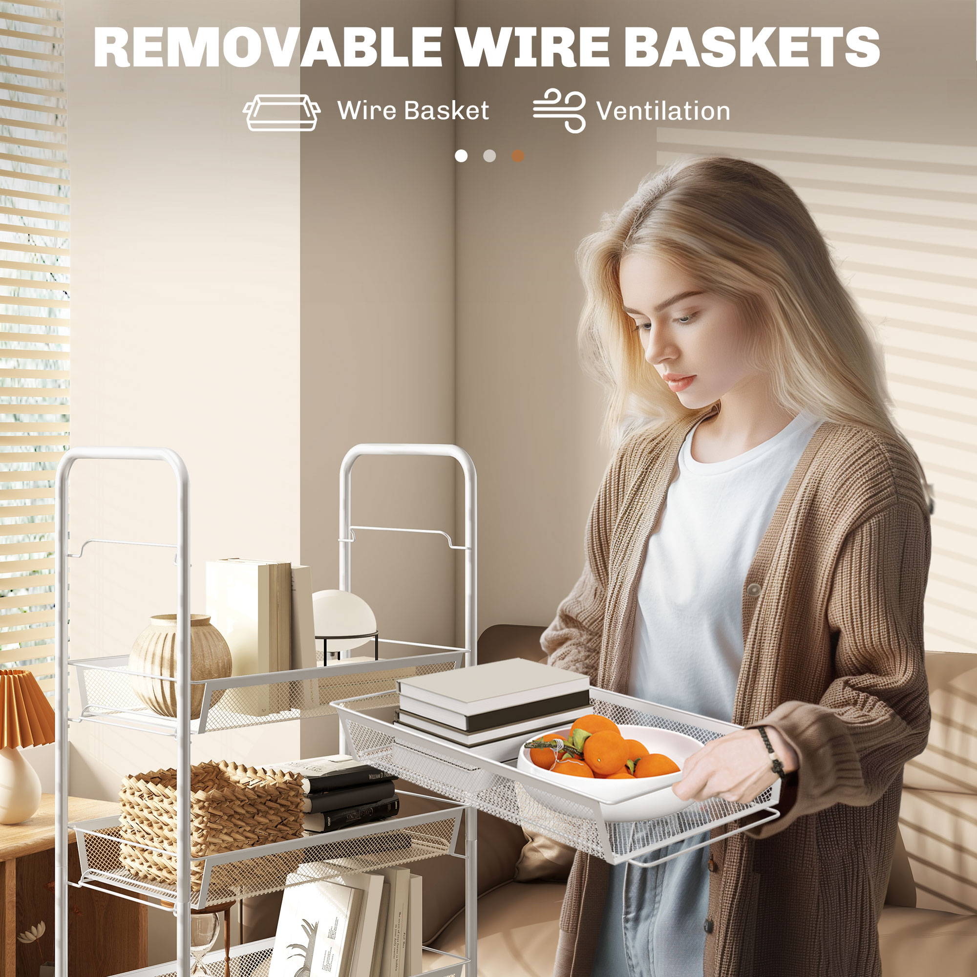 Five-Steel Mesh Basket Storage Trolley, With Wheels - White — image 4